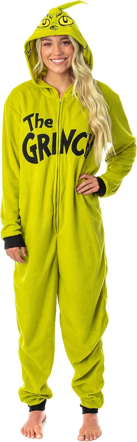 Dr. Seuss Adult GRINCH Hooded Costume Cosplay Union Suit Pajamas (Large) Green