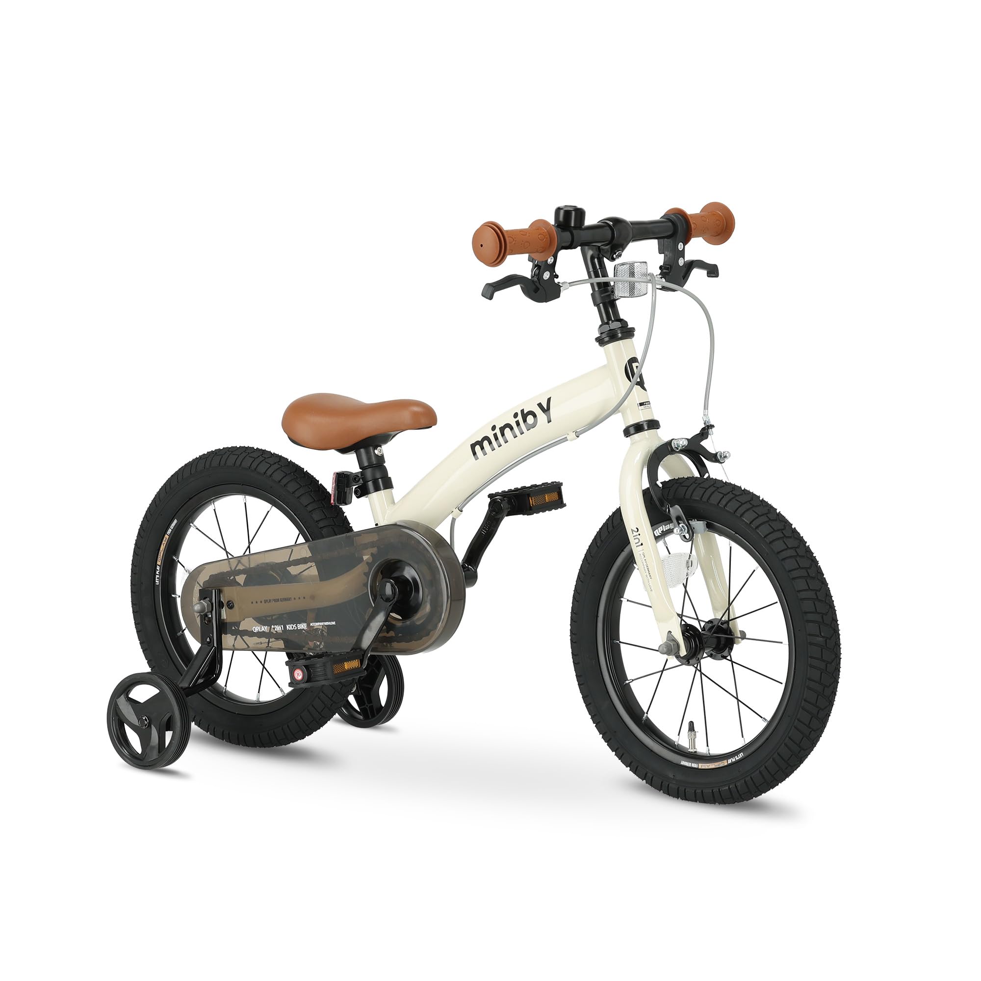 QPLAY Kinderfahrrad 14 Zoll | 3 in 1 Laufrad | Mit Verstellbarem Sattel und Lenker | Kinder Fahrrad für Jungen und Mädchen im Alter von 3 bis 6 Jahre | Creme