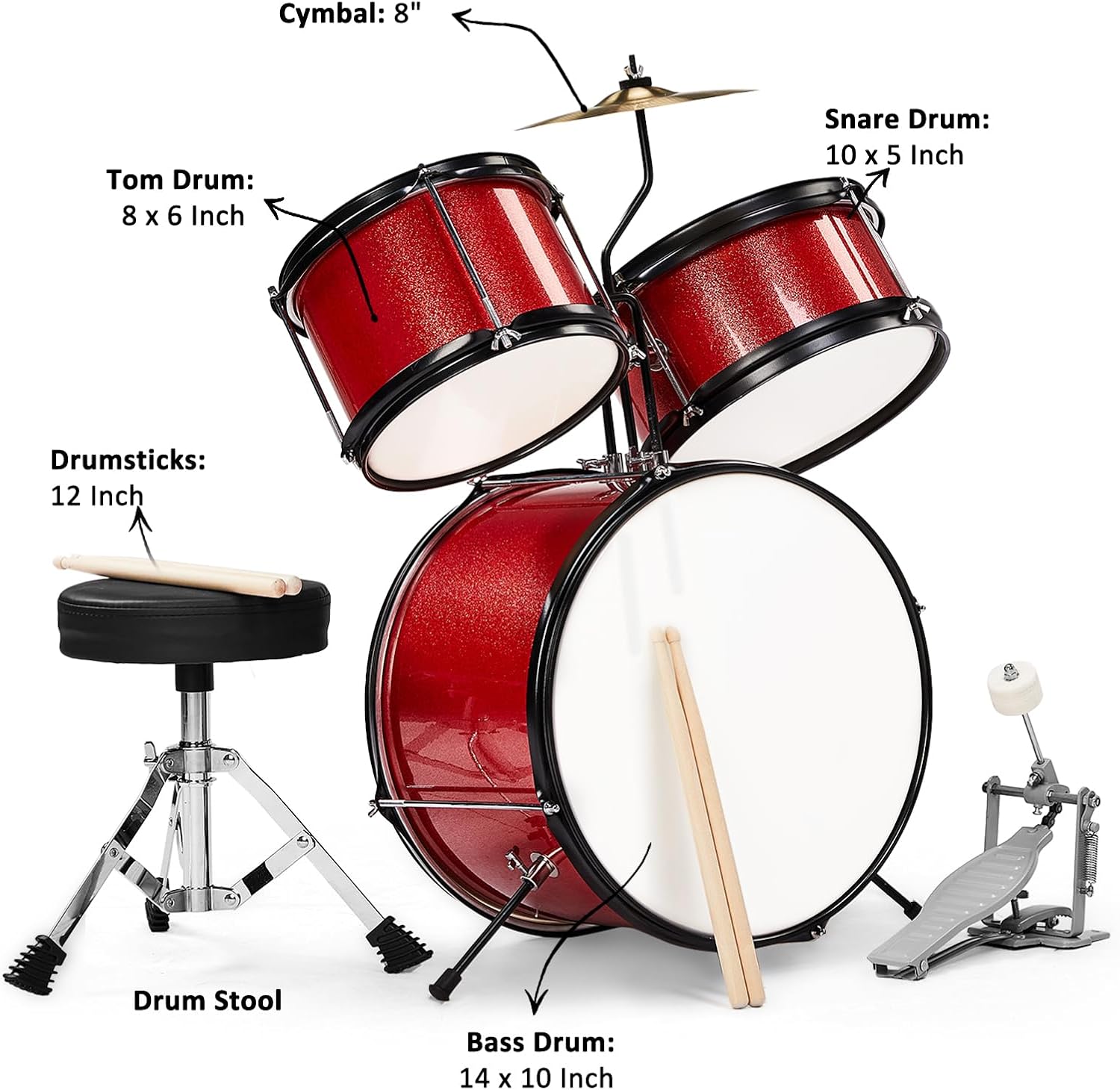 14-Inch Kids Drum Set, 3-Piece Junior Beginner Drum Set for Kids with Cymbal, Adjustable Stool, Two Pairs of Drumsticks, Pedal & Screw Wrench – Red