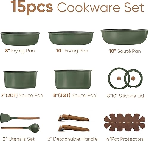 Miniatura 2 de CAROTE Juego de 15 ollas y sartenes, juego de utensilios de cocina antiadherentes, mango desmontable, juegos de utensilios de cocina de inducción