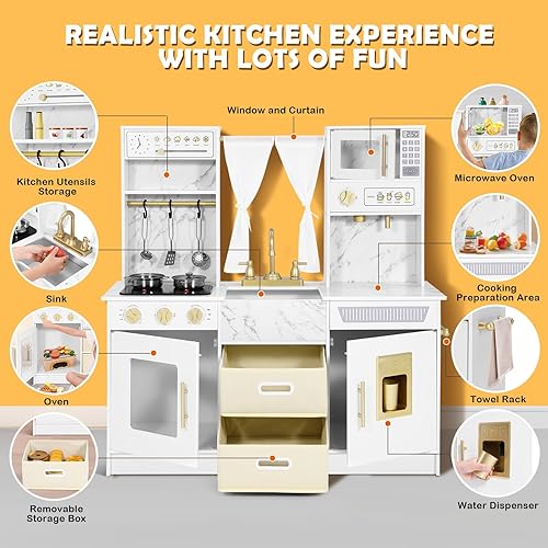 Miniatura 6 de JOYLDIAS Juego de cocina de madera para niños, juego de cocina de chef con dispensador de cubitos de hielo, horno, accesorios de cocina, estilo