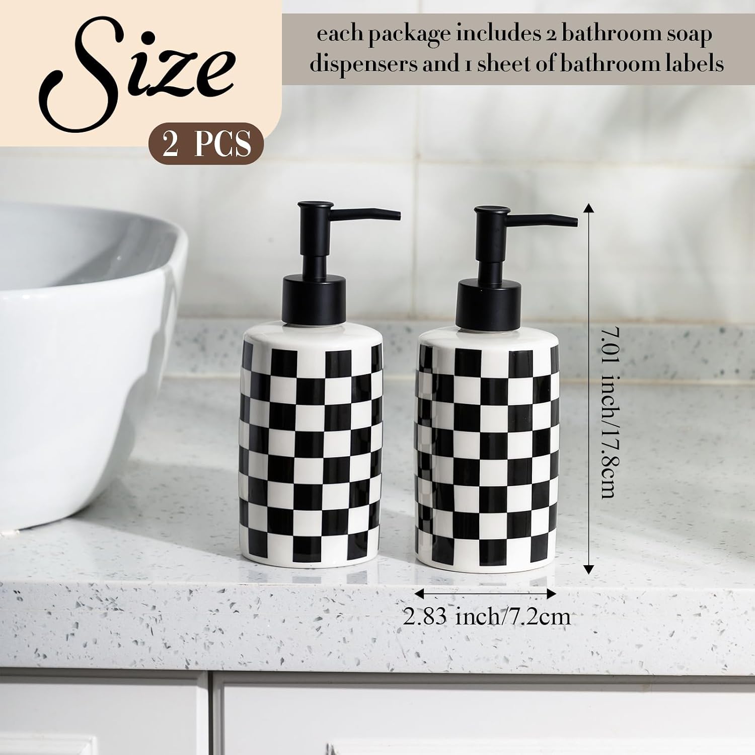 2 Pack Checkered Bathroom Soap Dispenser with 6 Waterproof Labels Ceramic Hand and Dish Soap Dispenser Set Christmas Black White Buffalo Plaid 10 oz Refillable Bottle Container Bathroom Kitchen Decor