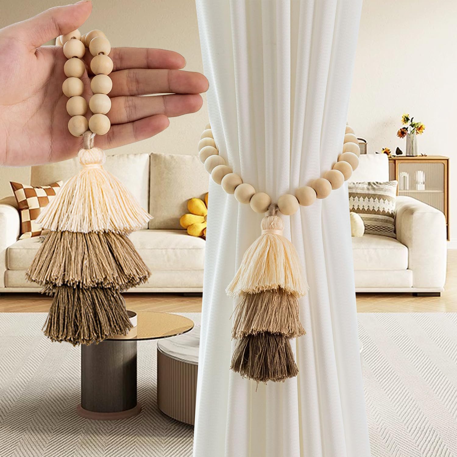 Wood Bead Magnetic Curtain Tiebacks 2-Pack, Boho Tassel Curtain Tie Backs, Beaded Curtain Holdbacks No Drill for Drapes, Bedroom, Living Room & Farmhouse Decor