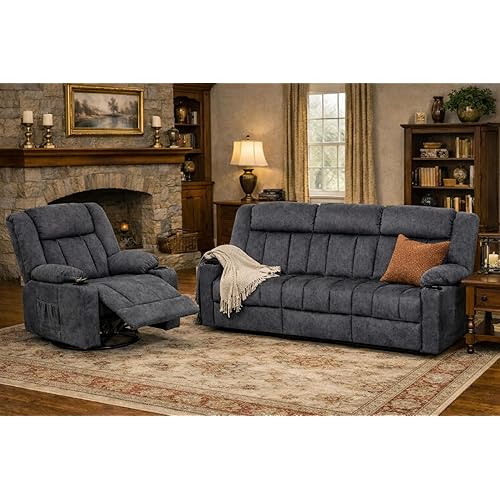 LUCKLIFE Recliner Sofa Set with Manual Recliners,Living Room Furniture Set with Reclining Couch,Loveseat and Armchair,Breathable Fabric Upholstery,Thick Cushions and Ergonomic Design,Dark Gray (3+1)