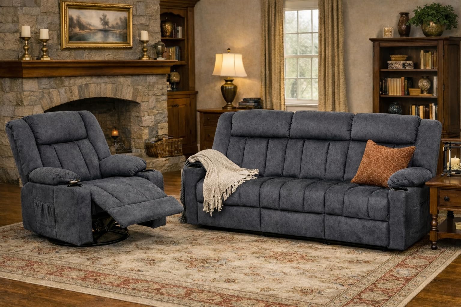 LUCKLIFE Recliner Sofa Set with Manual Recliners,Living Room Furniture Set with Reclining Couch,Loveseat and Armchair,Breathable Fabric Upholstery,
