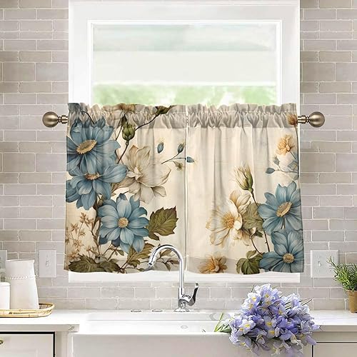 Miniatura 8 de Cortina de café de media ventana, cortinas de nivel para baño, cocina, dormitorio, sala de estar, juego de 2 paneles de flores