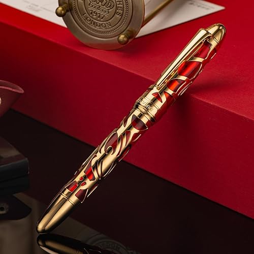 Miniatura 5 de Asvine P80 Pluma estilográfica de llenado de pistón de punta media, esqueleto araña transparente acrílico rojo estuche y juego de llaves