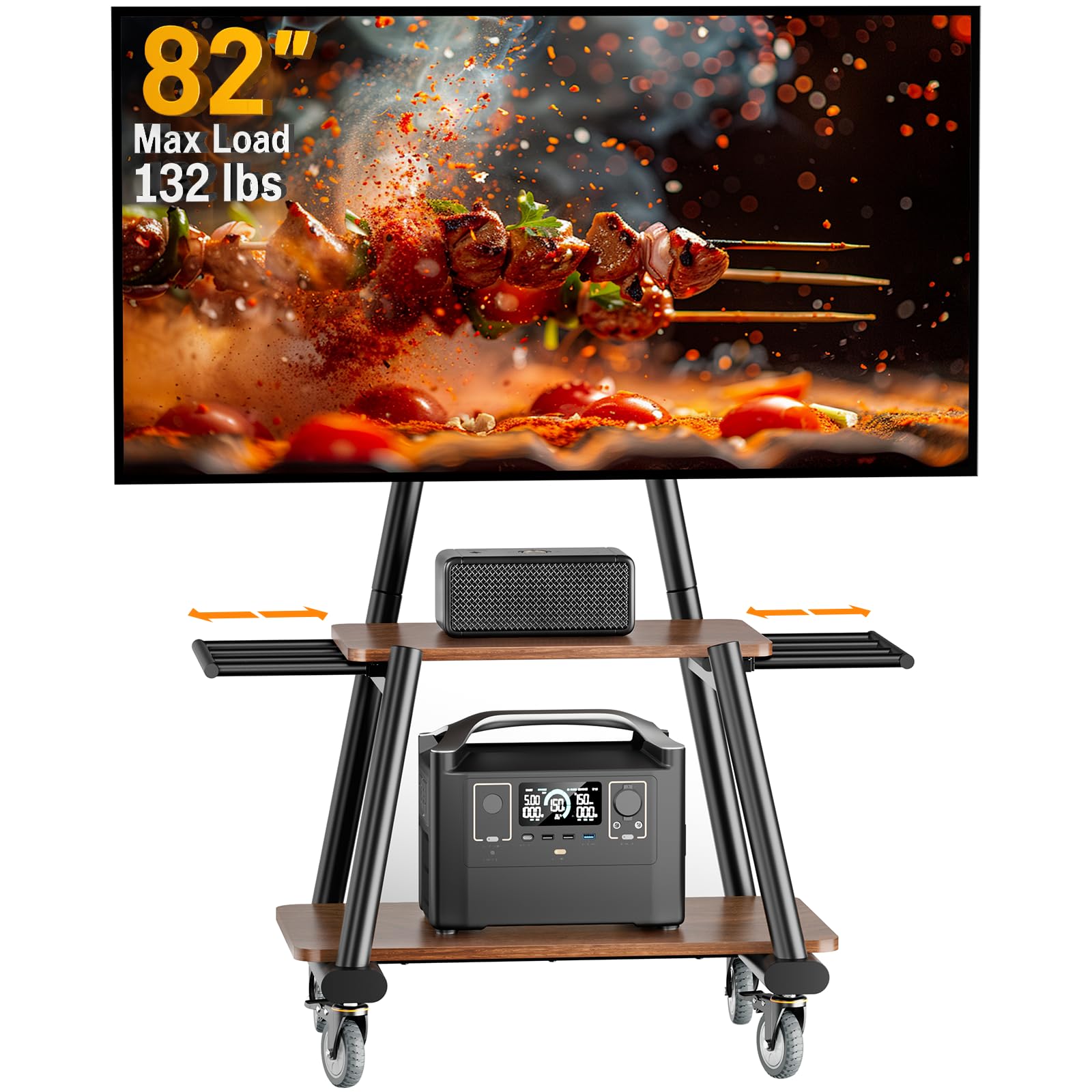 Perlegear Rolling TV Stand for 43”-82” TVs up to 132 lbs, Outdoor TV Stand with Extra-Large Wheels &amp; Extendable Handles, Height Adjustable Mobile TV Cart with Wood Shelf, Max VESA 600x400mm, PGTVMC25B