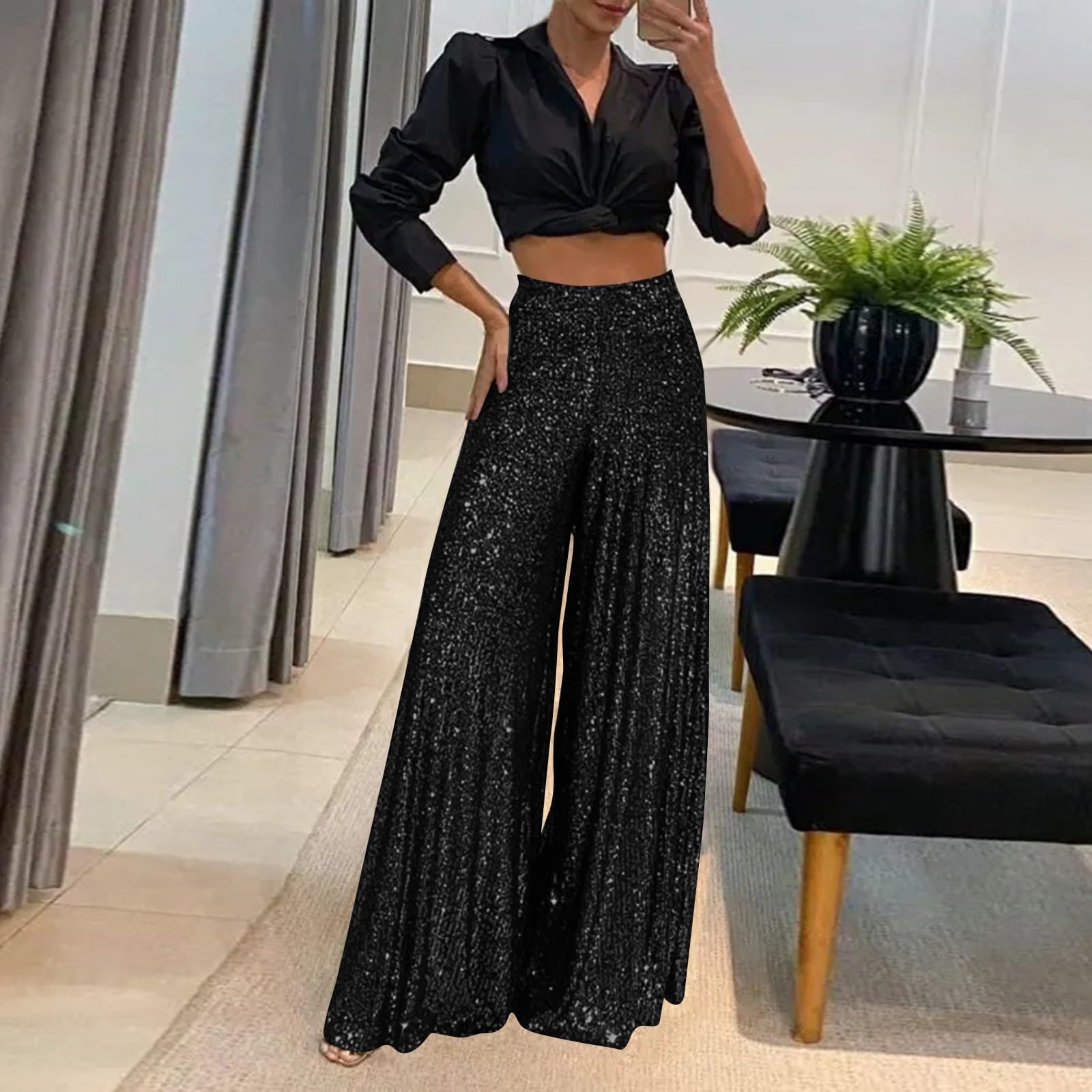 Pantalon à paillettes pour femme - Large taille haute - Plissé - Pantalon Palazzo décontracté - Pantalon Marlene - Coupe ample