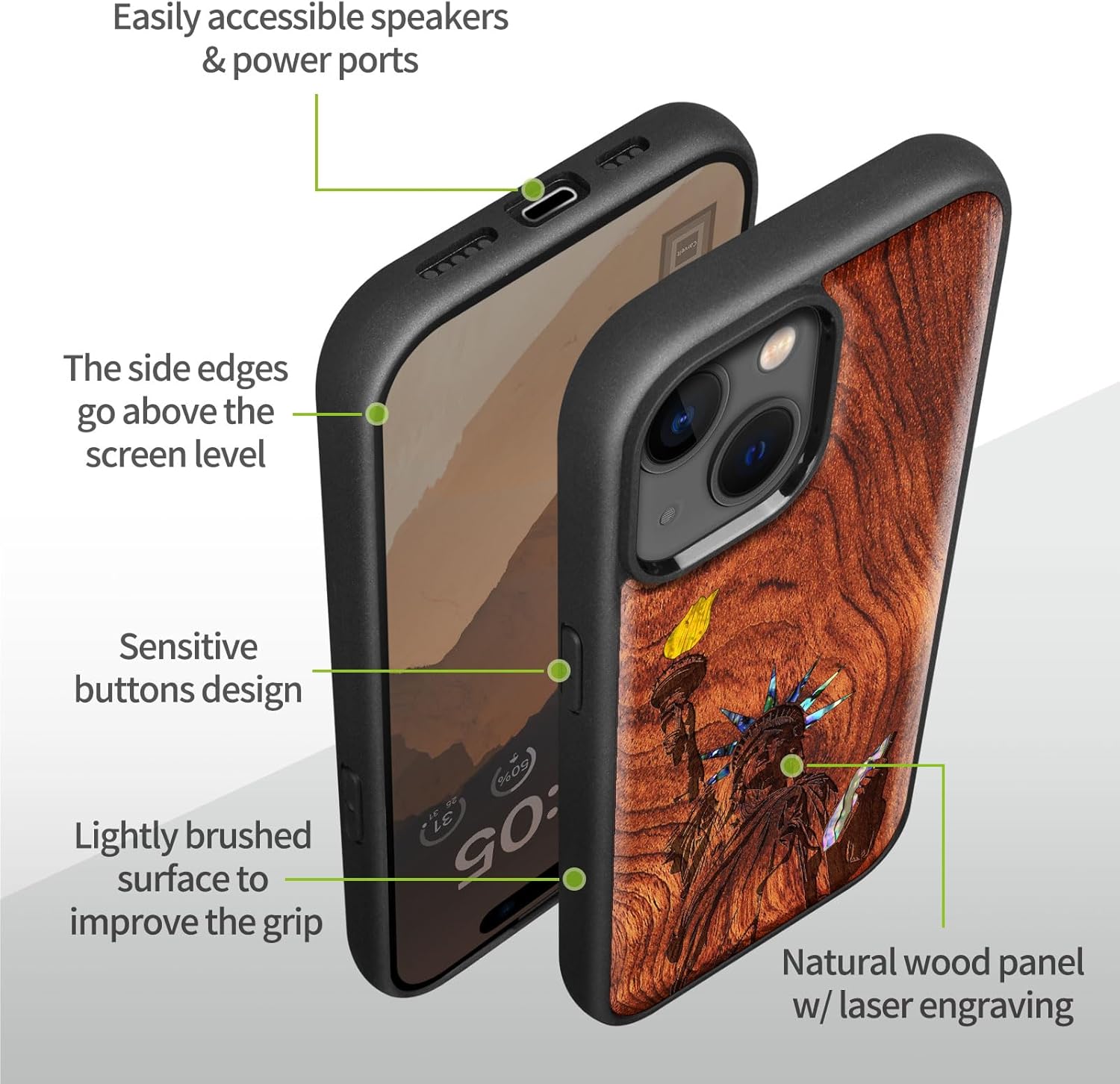 Carveit Wooden Case for iPhone 15 Plus Magnetic Case, Compatible with MagSafe Wireless Chargers, Shockproof Cover, Handmade Shell Inlaid & Wood Artisan Engraved (Statue of Liberty) Rosy