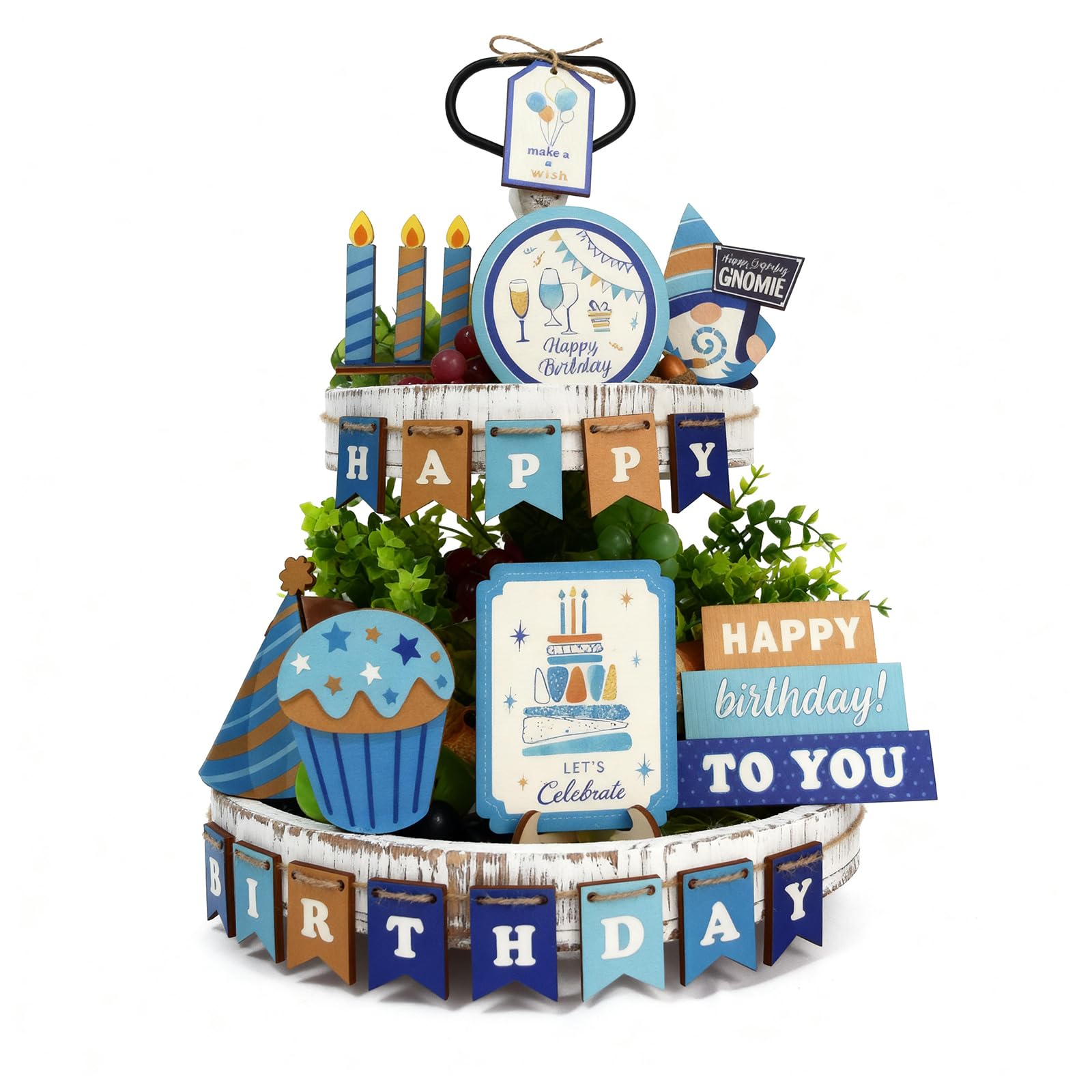 YvSuZeBuDa 24Pcs Wooden Tiered Tray Decor Set, Farmhouse Birthday Decor with Happy Birthday Sign, Rustic 2 Tier Tray Stand Decorations for Kitchen Island, Coffee Table Centerpiece