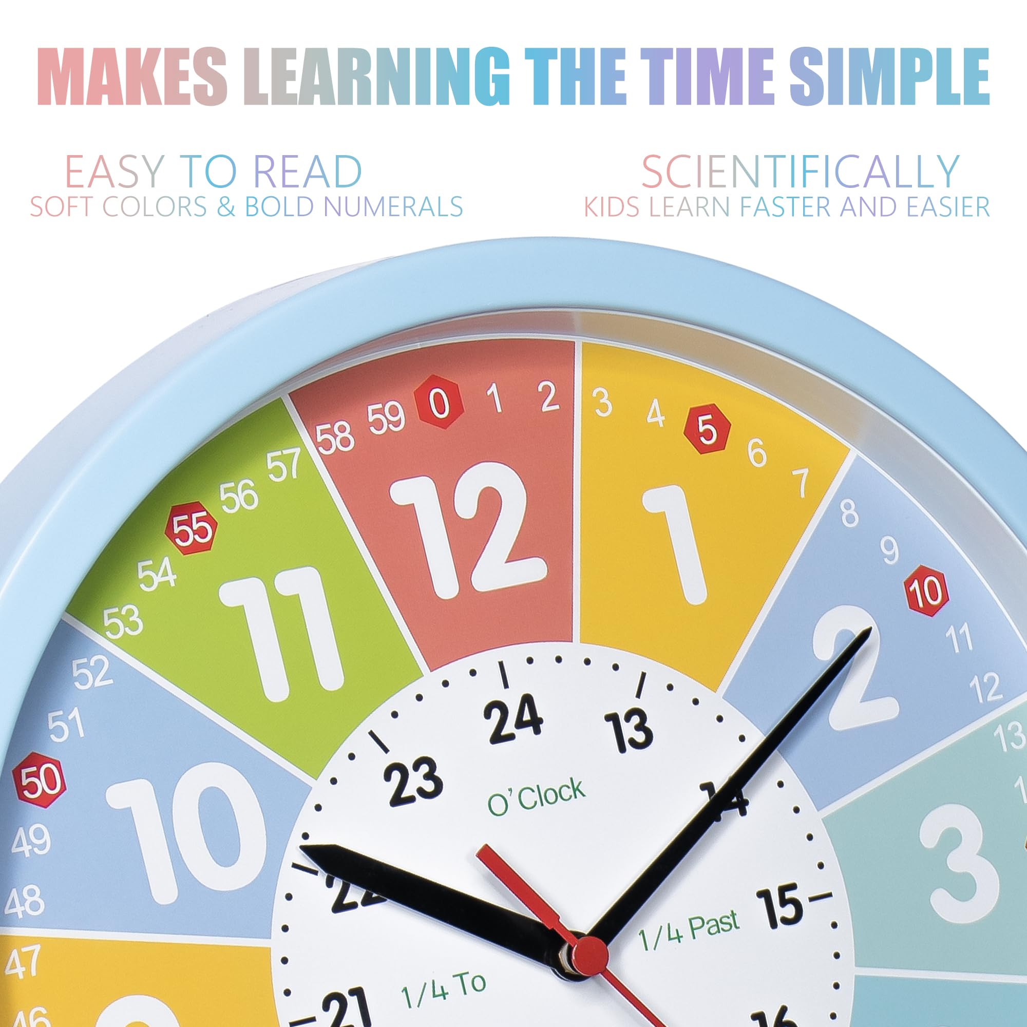 laimaimi Learning Clock for Kids – Silent Classroom Clock Telling The Time Teaching Toddler Boys Analog for Kid's Room Classroom School Playroom, Blue