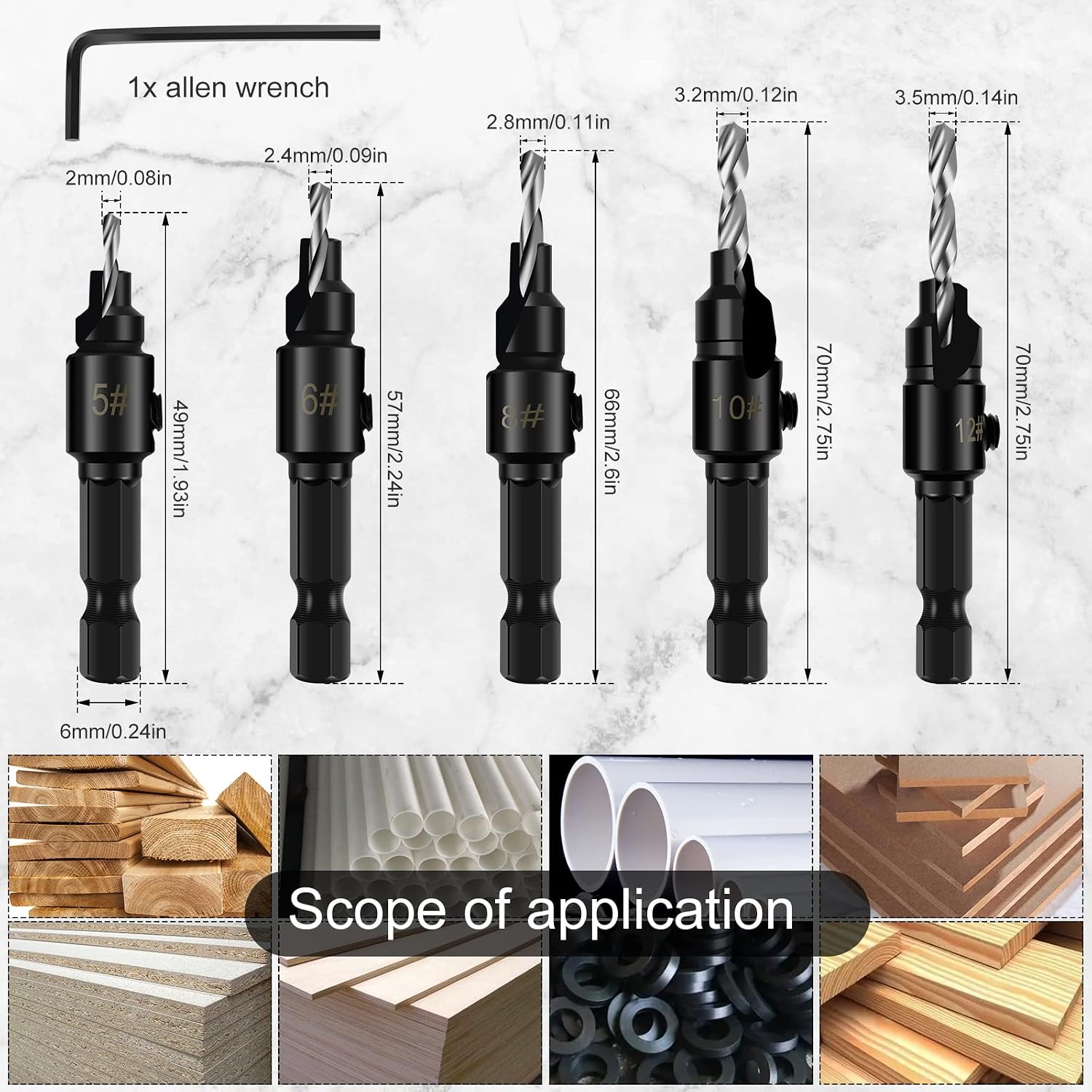 5Pcs Countersink Drill Bit Set 82°High Speed Steel Wear Resistant Punching Drill Bit 1/4 Inch Hex Shank Multiple Size Drill Bit Kit Woodworking Tool for Wood PVC Fiberboard Plywood