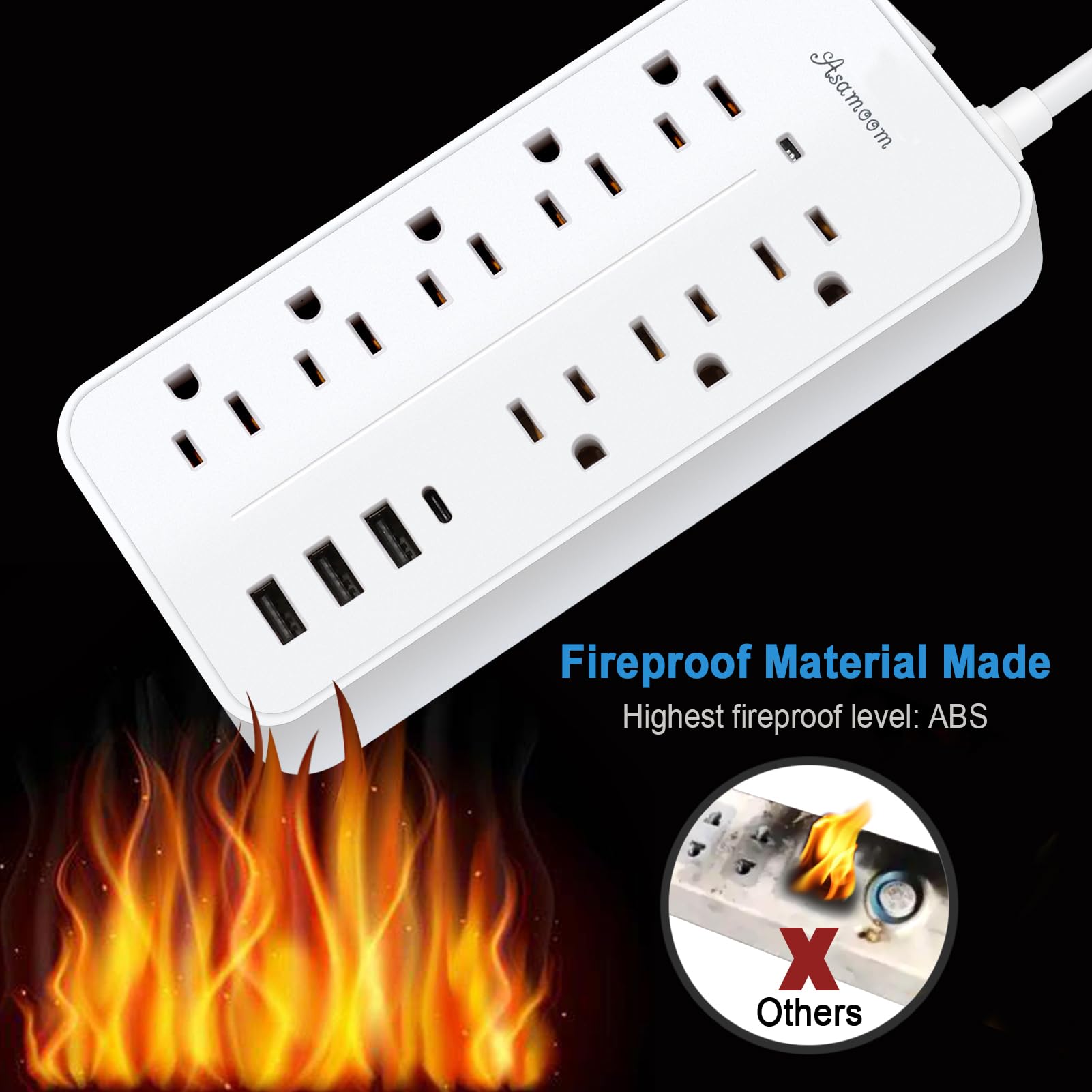 Asamoom Steckdosenleiste mit USB-C, Flacher Stecker, Steckdosenleiste mit langem Kabel, 8 Ausgängen und 3 USB- und 1 USB-C-Anschluss, Wandhalterung, Schreibtisch-Steckdosenleiste