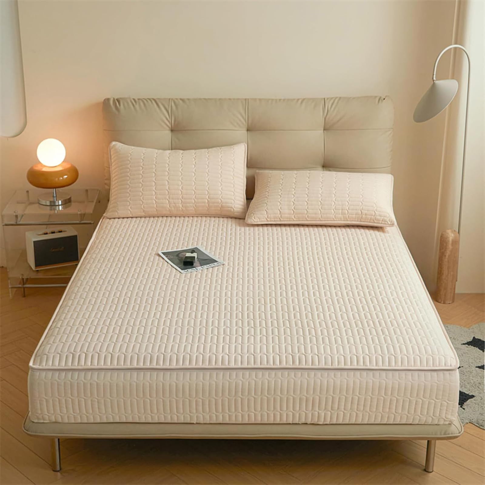 Gesteppter, waschbarer Matratzenbezug mit Reißverschluss, anpassbare Größe, feuchtigkeitsbeständig und waschbar, atmungsaktiver und weicher Matratzenschoner-Beige- 80x180+15cm