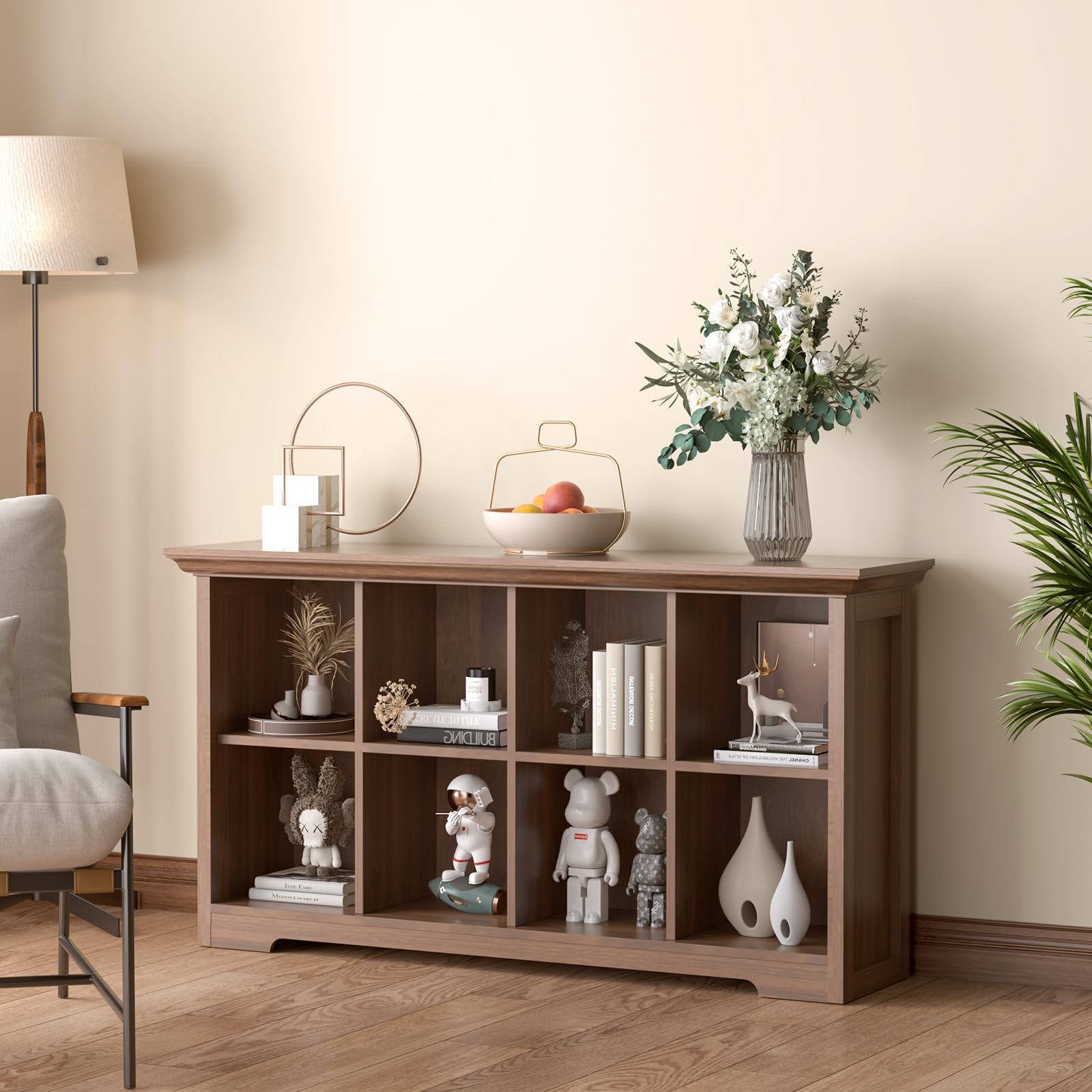 OSCHF 8 Fächern Bücherregal mit Sockel - Modernes offenes Holzregal für Zuhause und Büro, 2 Ebenen Aufbewahrungsregal, Walnuss