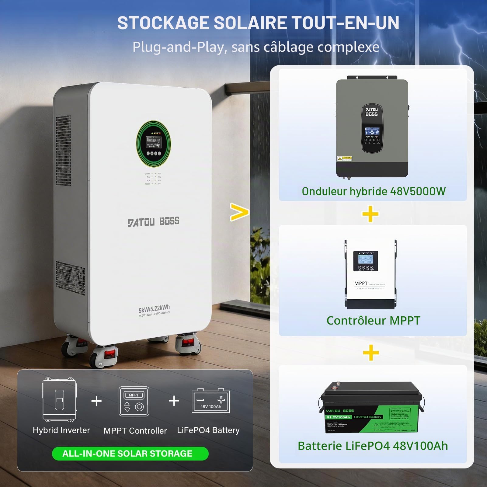 DATOUBOSS Batterie Lithium LiFePO4 Tout-en-Un 48V 102Ah 5,22kWh avec Onduleur Hybride 5000W 48V, Livré avec Module WiFi, 6000+ Cycles, Système de Stockage d’Énergie Solaire à Domicile Plug & Play