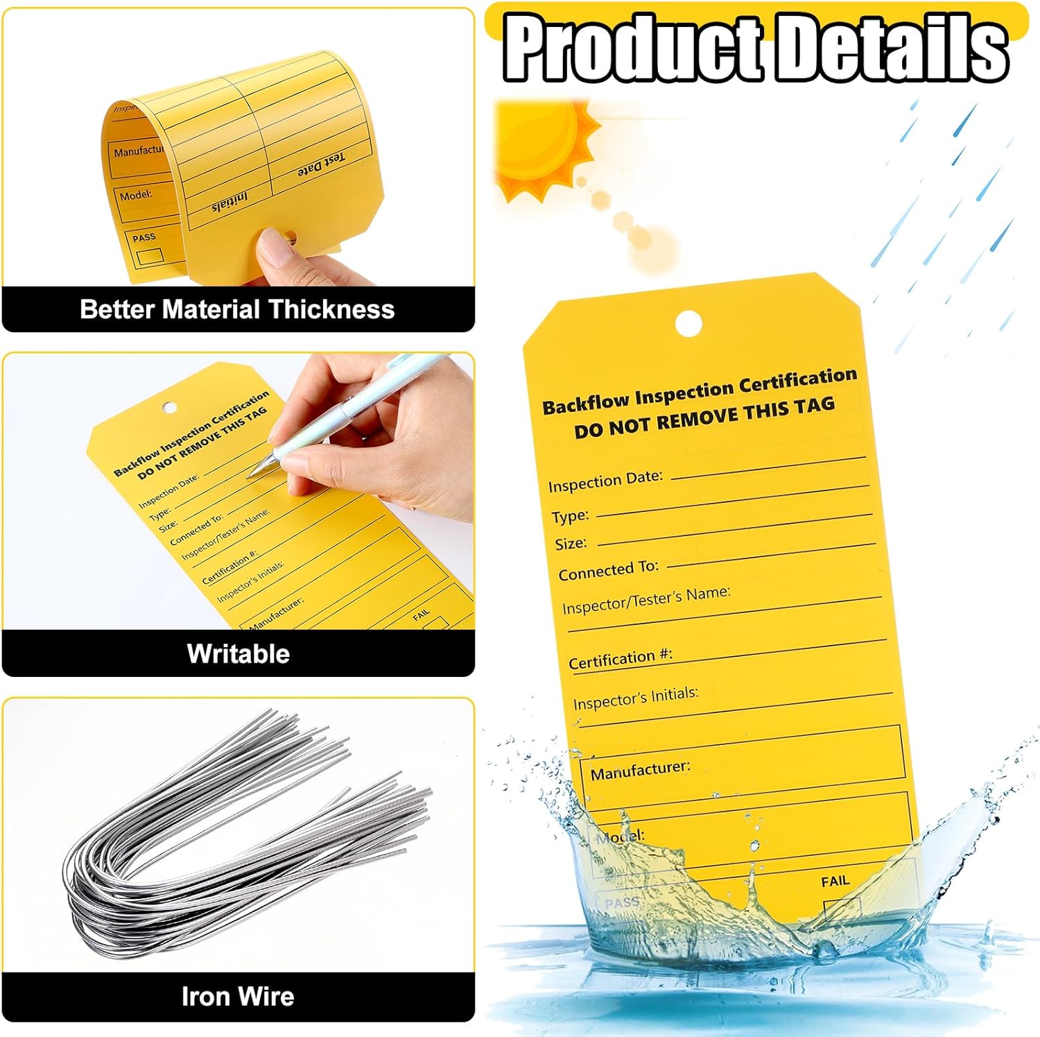 Honoson 100 Sets Backflow Preventer Inspection Tags with Wire Tie Writable Plastic Tags Double-Sided Printing Pre-Punched Holes for Backflow Test Outdoors Car Garage Storage Box Equipment Parts