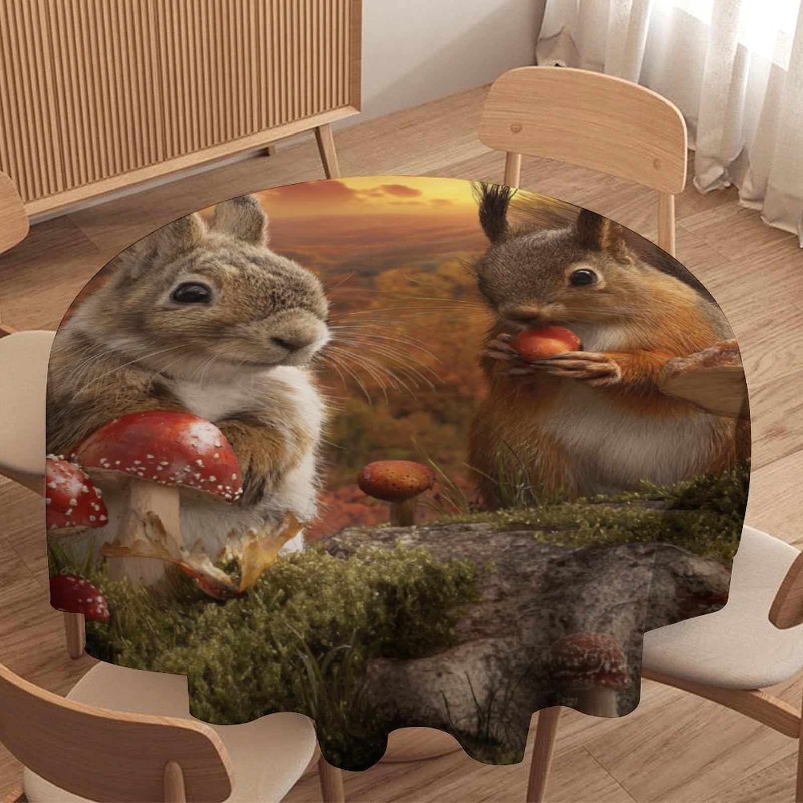 LUYYSKY Beautiful Retro Squirrels Rabbits Round Tablecloth Modern Colorful Sunset Maple Leaves Mushrooms Animals Print Washable Decor for Table Cover for Kitchen-177.8" Wx177.8 L cm