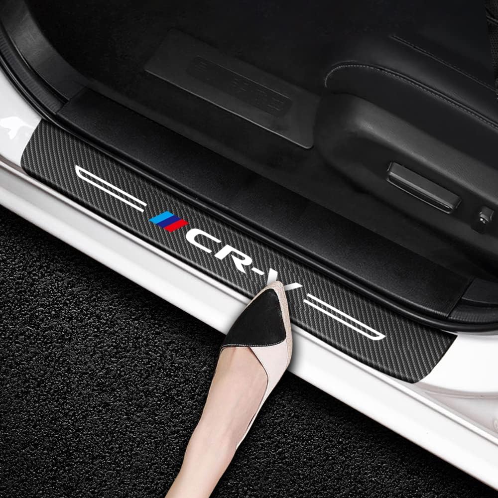 4PCS Car Door Sill Protector Compatible with for Honda CRV Accessories Carbon Fiber Textured Leather Car Door Sill Sticker Anti-Dirty Scuff Plate Cover Guard Sill Protector Trim