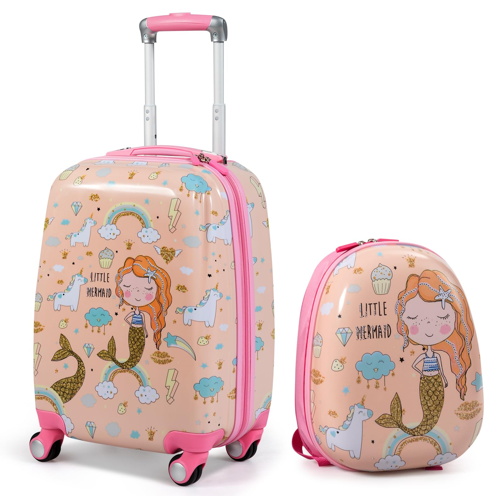 DREAMADE Valise Roulette Enfant 18" et Sac à Dos 12" avec Poignée Réglable Bagage Cabine Enfant 3+Ans avec Roues Pivotante 360° Bagage à Main Fille et Garçon Charge 50KG+8KG (Sirène)