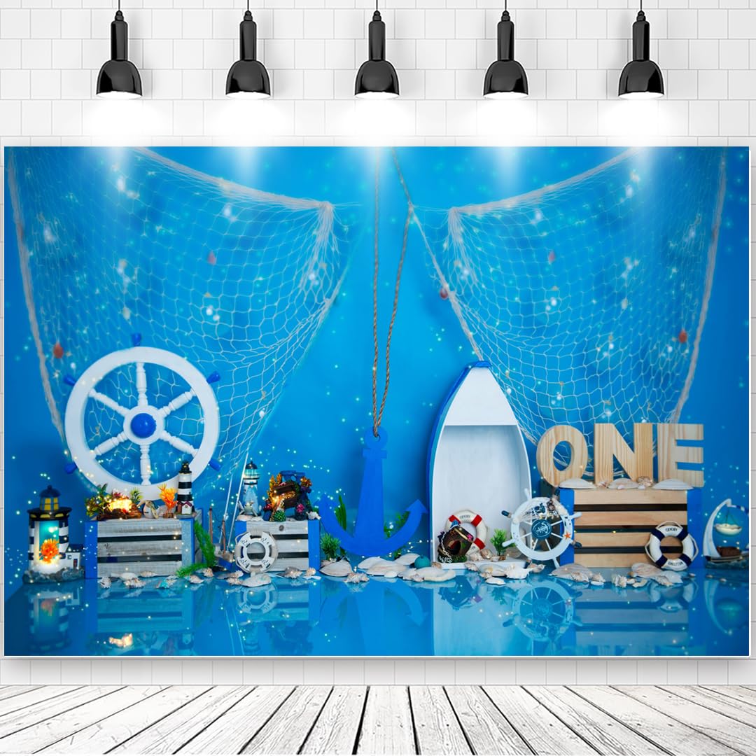 7x5ft Nautical Theme 1st Birthday Backdrop - Blue Birthday Party Background for Boy Baby Portrait Photography Props