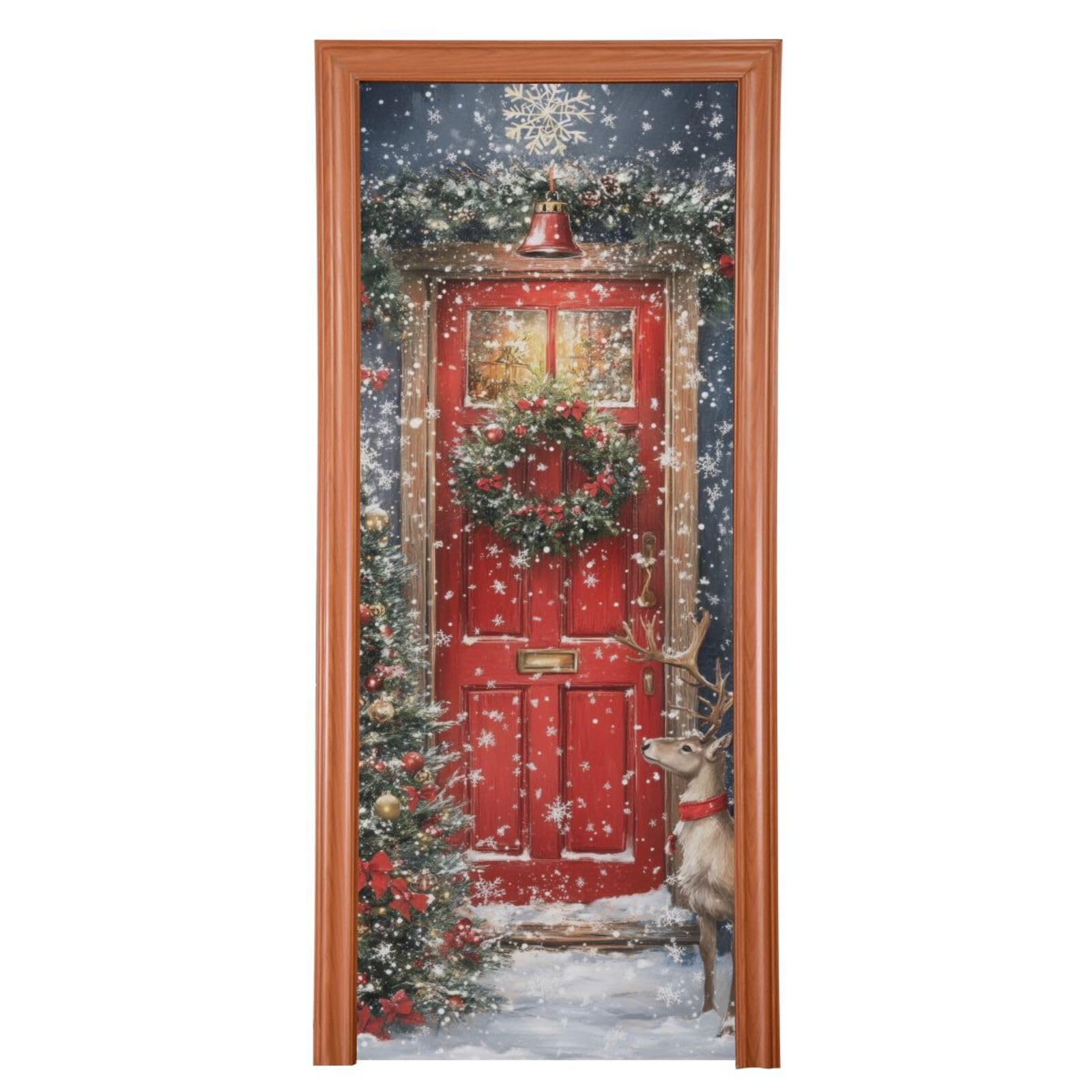FLildon Front Door Landscape Christmas Door Cover Decoration, Party Accessory Porch Decor for Festive Ornament Room Door Covers 35 x 79 Inch