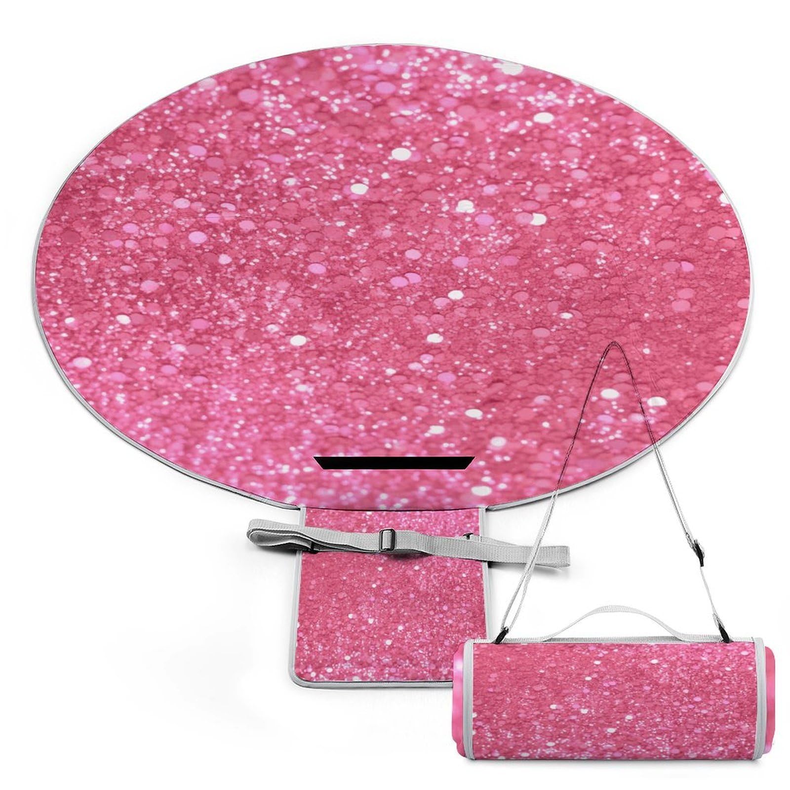 Manta de playa impermeable y ligera con purpurina rosa, diseño redondo y plegable