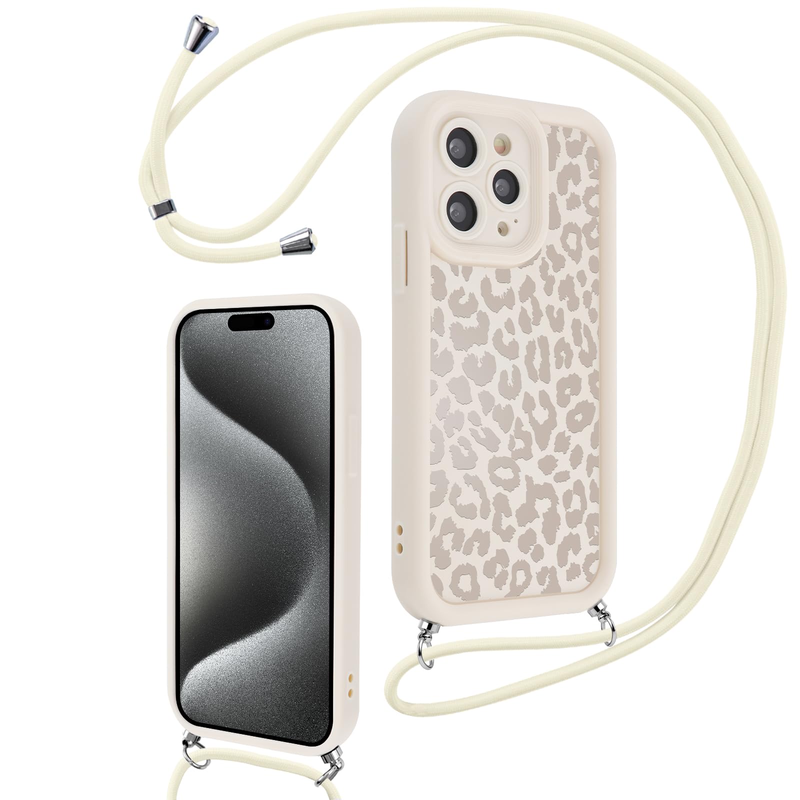 Xylota Cover con Cordino per iPhone 15 Pro, Aesthetic Leopardo Disegni Custodia con Collana Regolabile Tracolla Laccio Case, Silicone Bumper Anti-Graffio Custodie per iPhone 15 Pro 6,1'', Bianco
