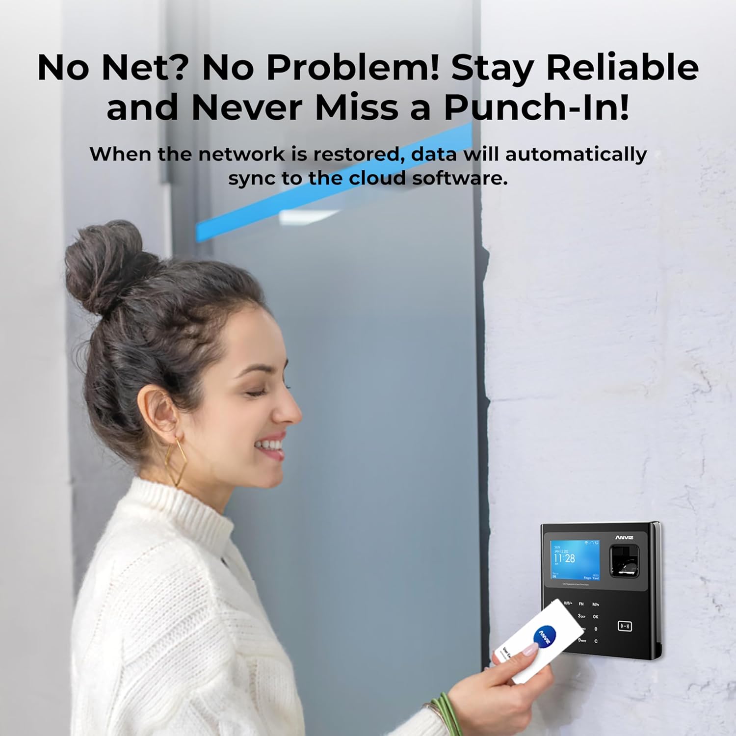 Woman using time clock with text 'No Net? No Problem!'