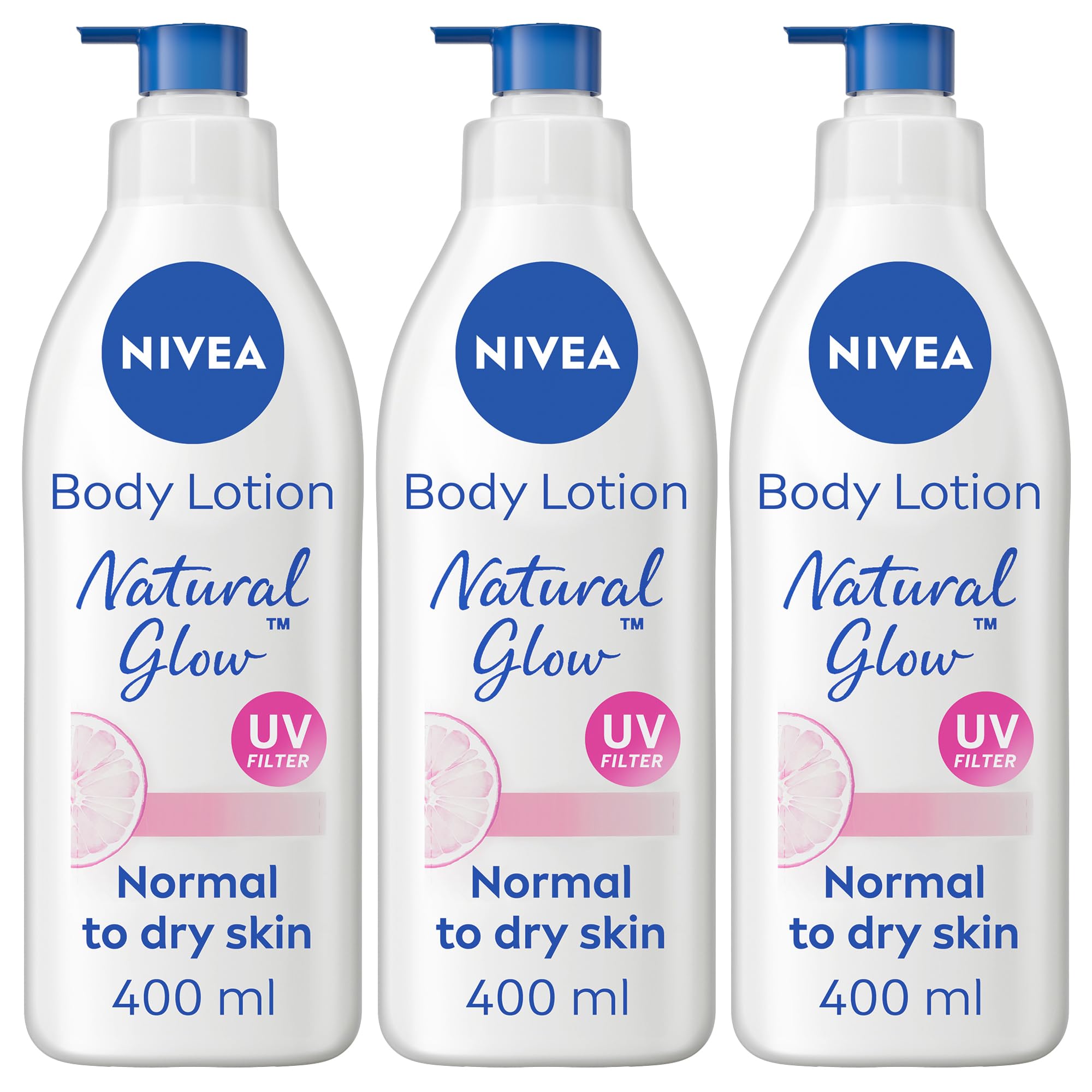 NIVEA Body Lotion for Normal to Dry Skin, Natural Glow, with Vitamin C and UV Filter, Moisturizes and Evens Skin Tone, 3x400ml