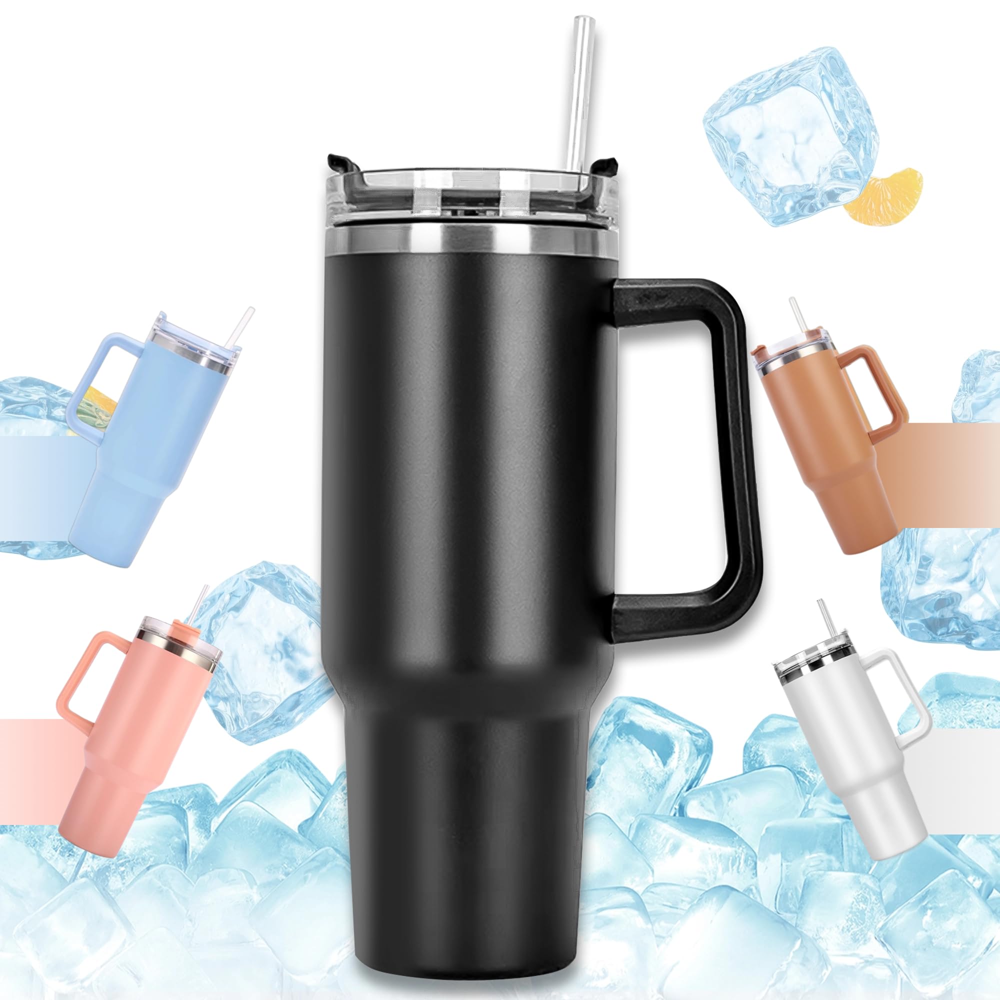 Tikxlafe 1180 ml Portable Coffee Mug, Double-Walled Stainless Steel Vacuum Insulated Mug with Handle and Straw, Car Mug, Thermal Mug, Coffee Cup for Hot and Cold Drinks, Water and Tea (Black)