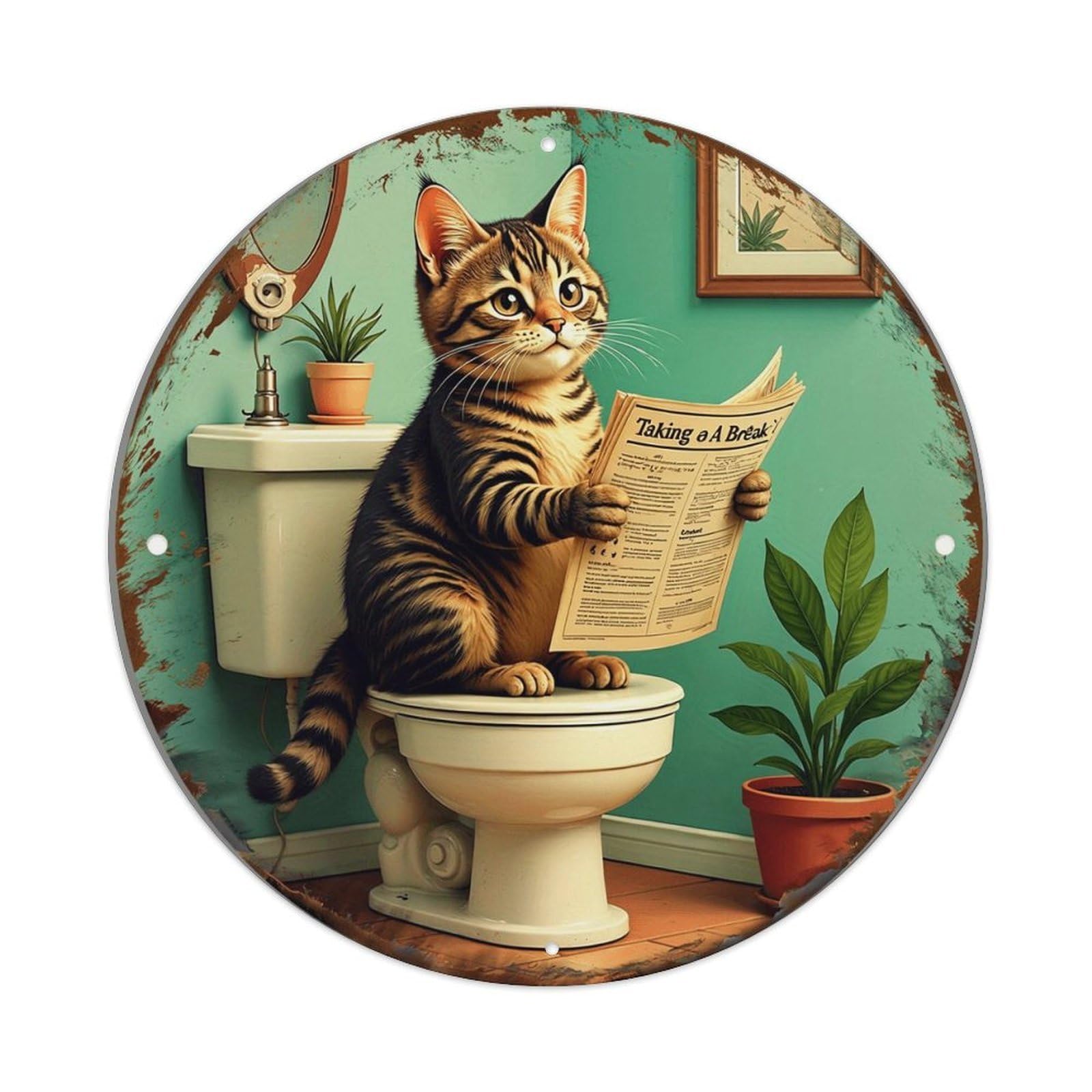 Cat Reading Newspaper On Toilet Vintage Metal Tin Sign Retro Wall Decor for Home Bar Garage Cafe, Indoor & Outdoor Decorative，circle Metal Poster, 8x8 Inch