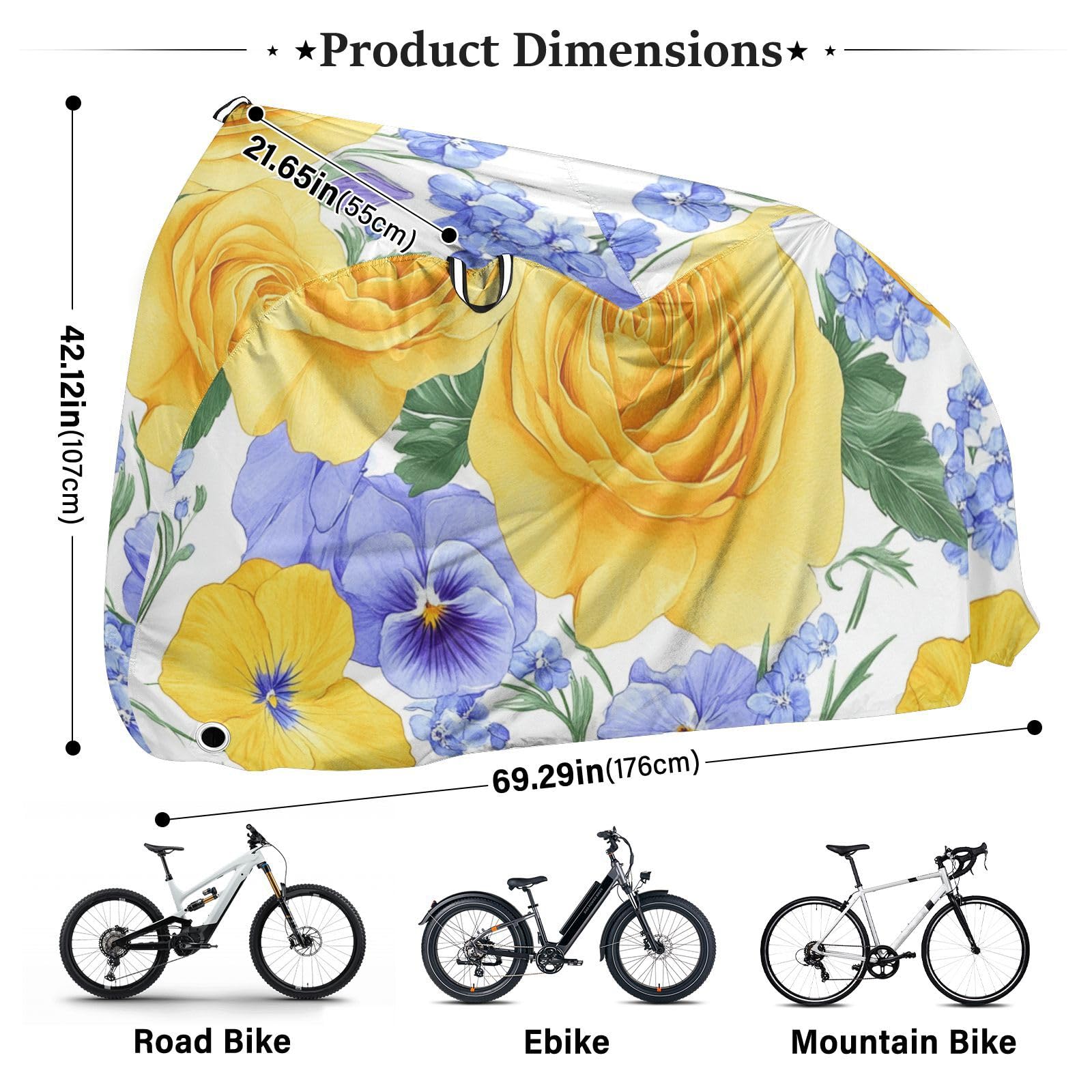 Housses de vélo imperméables avec trous de verrouillage - Pour intérieur et extérieur - Convient à la plupart des accessoires de vélo de montagne - Fleurs d'été jaunes et violettes