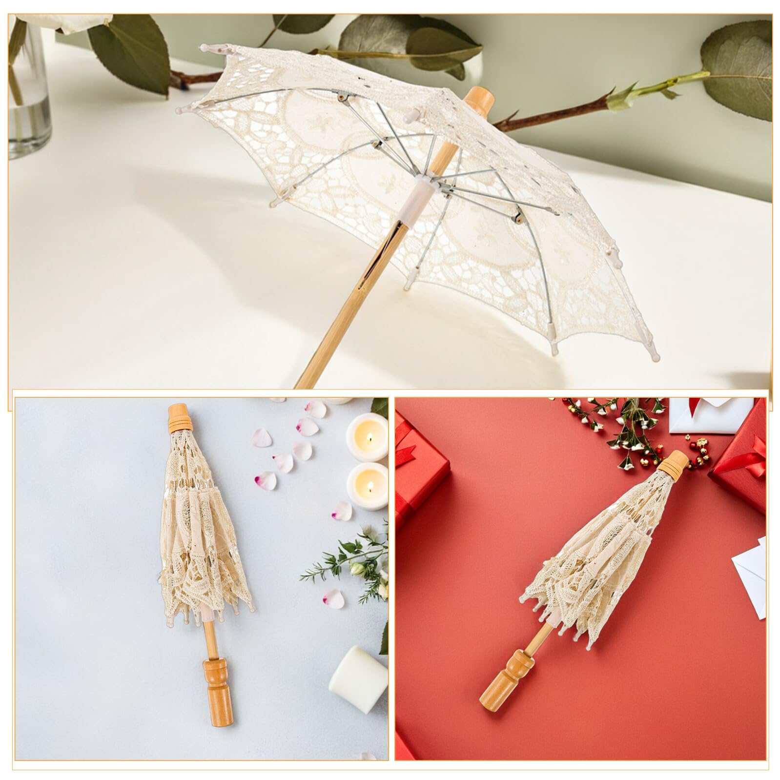 Beavorty 2 Stück Braut Sonnenschirm aus Spitze Beige mit Holzgriff Vintage Hochzeits Deko und Fotografie Requisite für Romantische Braut Fotoshootings