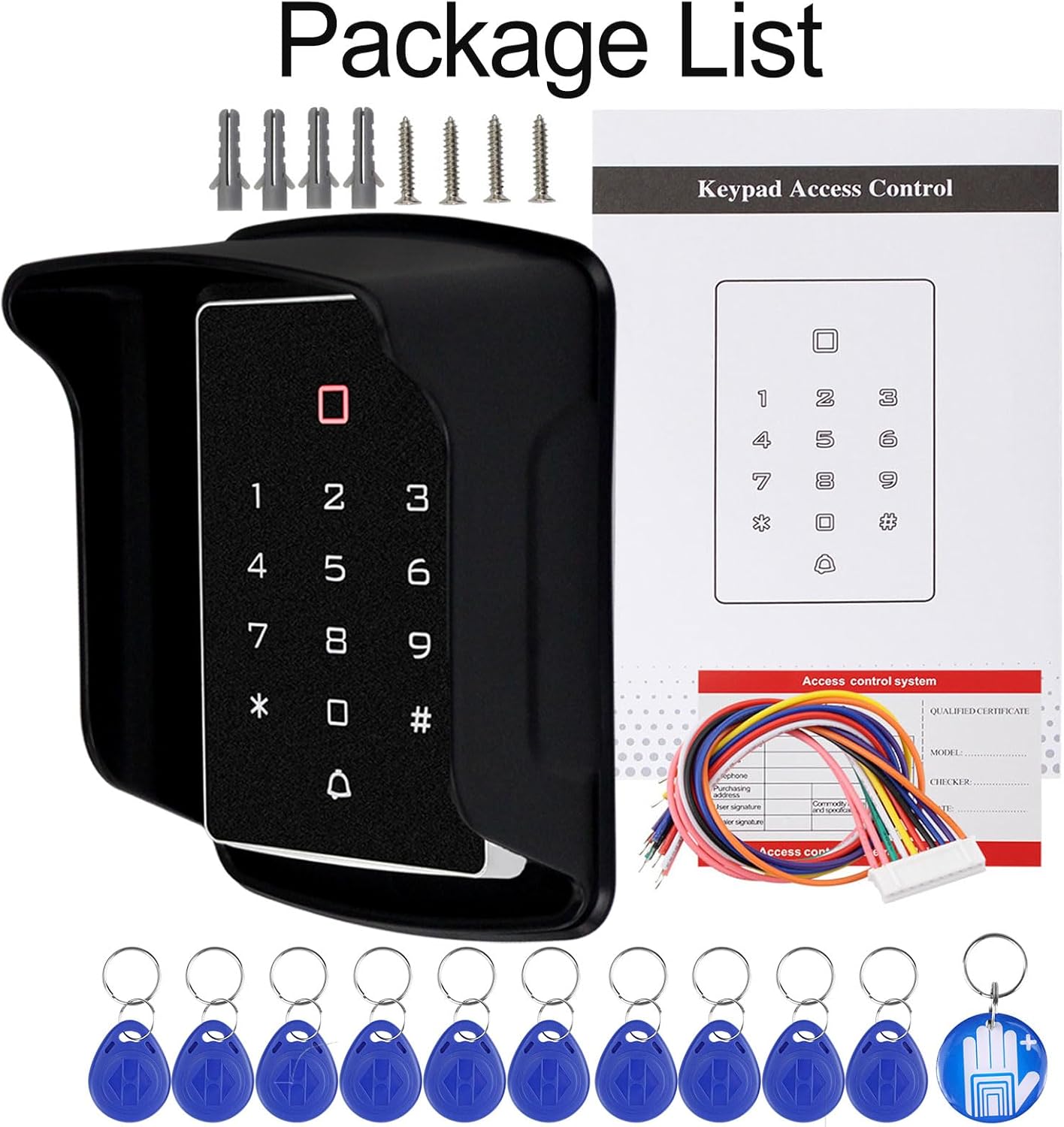 Close-up of blue RFID keyfobs with specifications