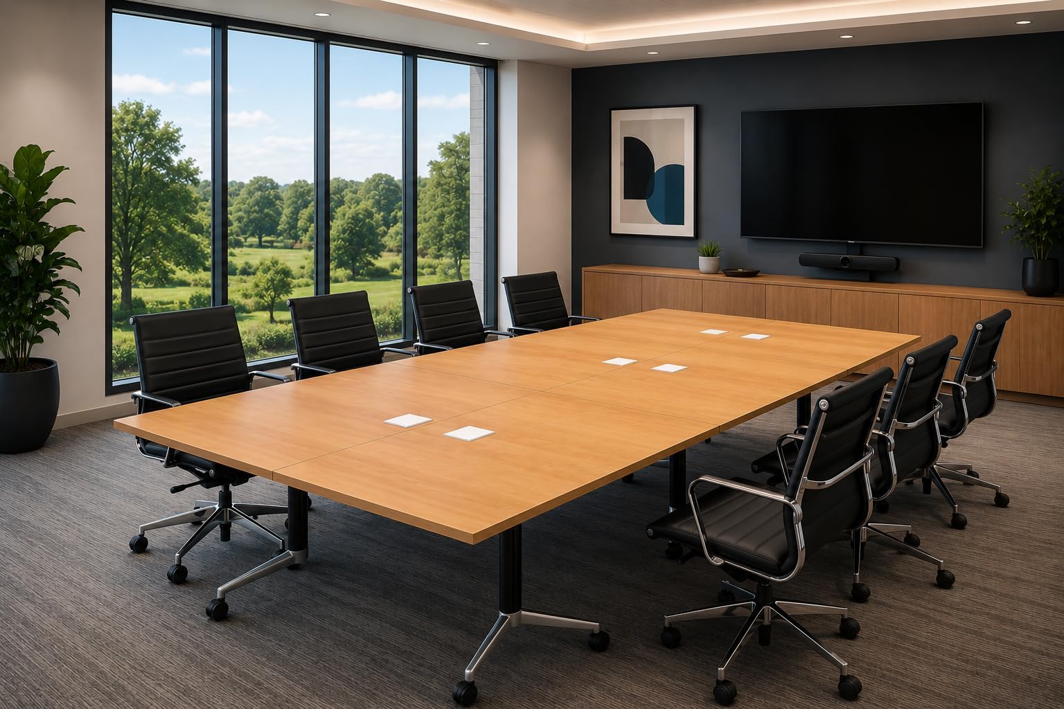3 Tables Set for up to 14 Person Conference Meeting Seminars Fold Up Model 6739 Color Beech Thick Tops, Chrome Base & Casters. (Tables, Power Bars Included, Seating NOT Included)