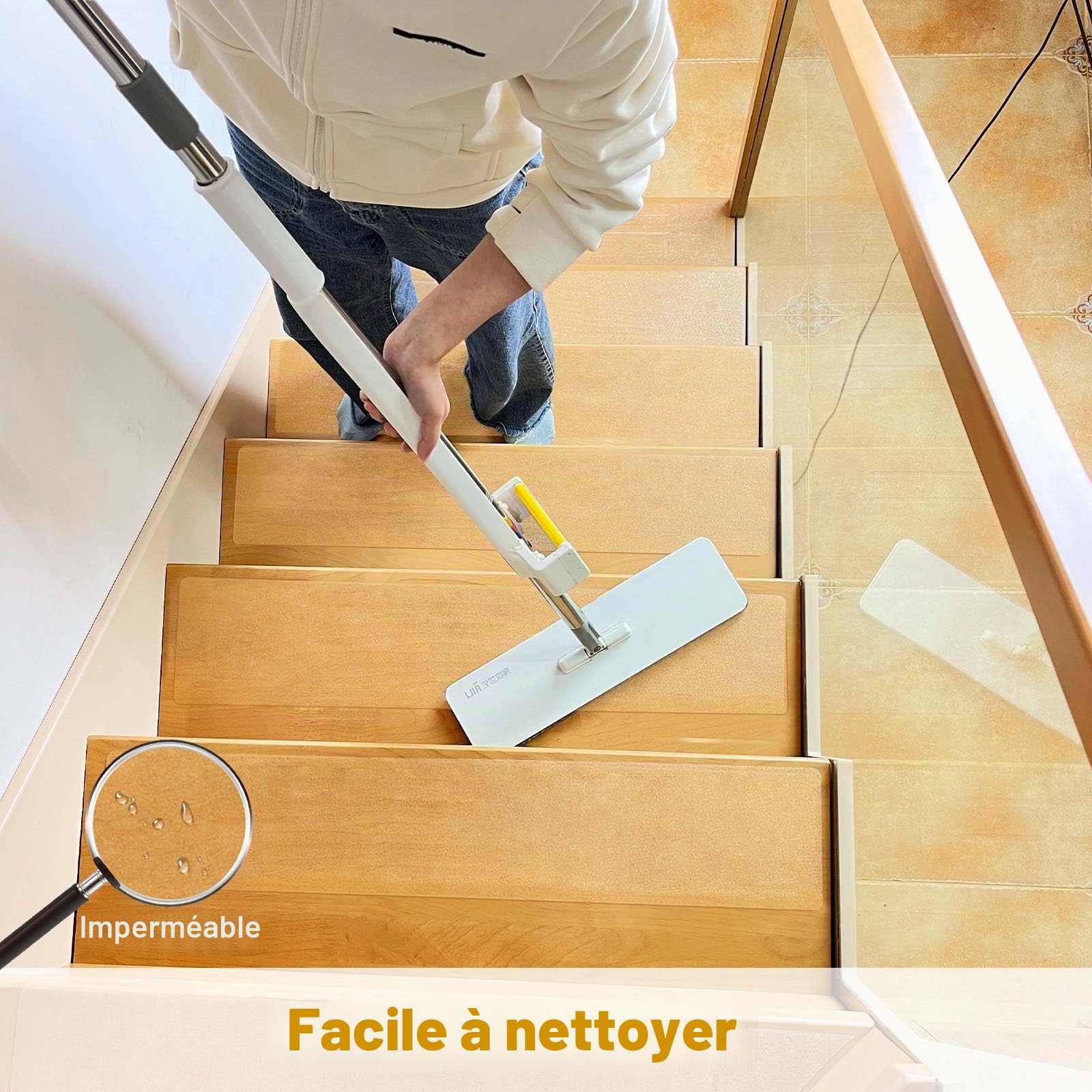 Lot de 15 tapis d'escalier, 15 x 80 cm, transparents, autocollants, imperméables, antidérapants, pour marches en bois, sol
