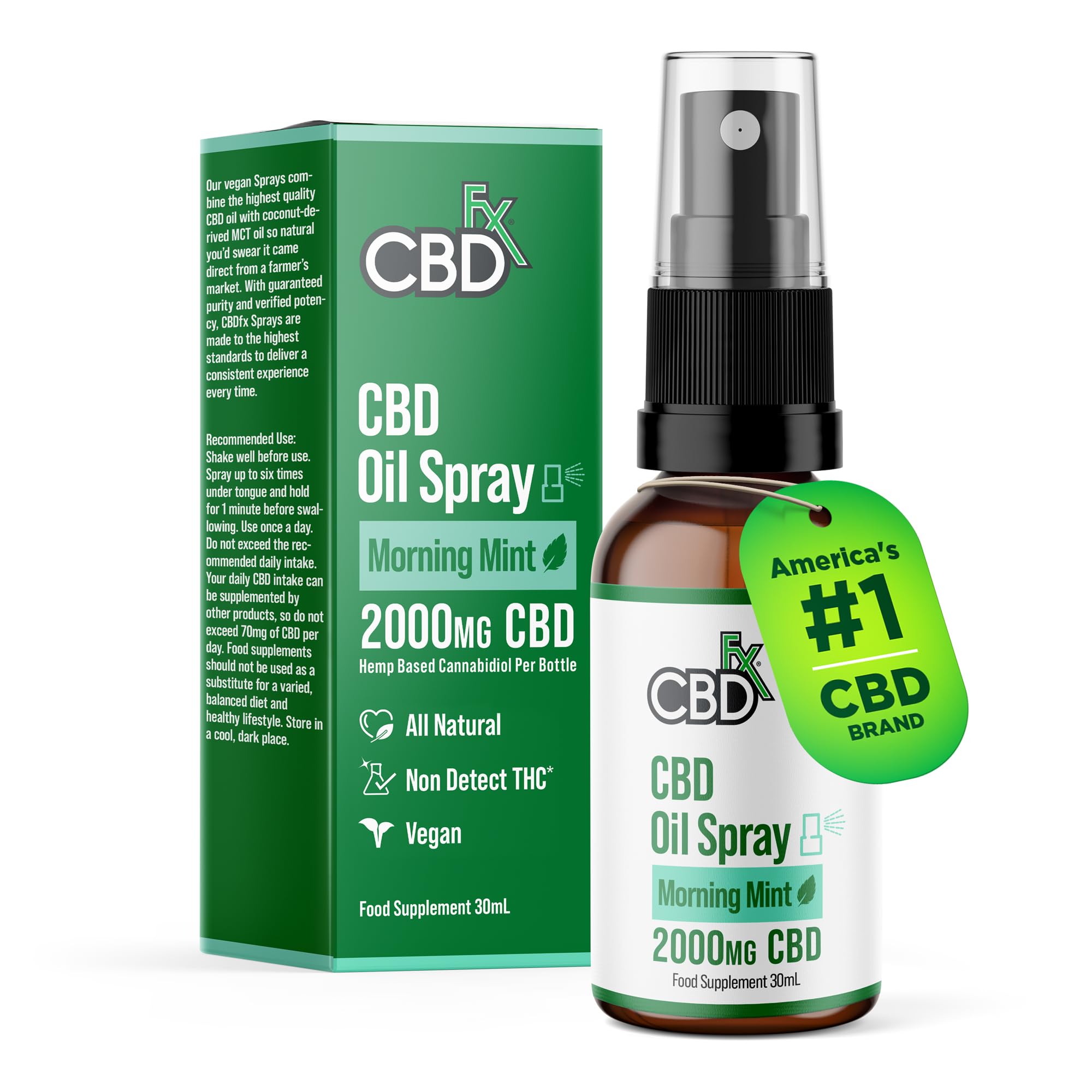 CBDFX 2000mg CBD Spray High Strength Flavoured CBD Oil Morning Mint Vegan Non-GMO Blended with MCT Oil Improved Purity No THC 30 ml (40 Days)