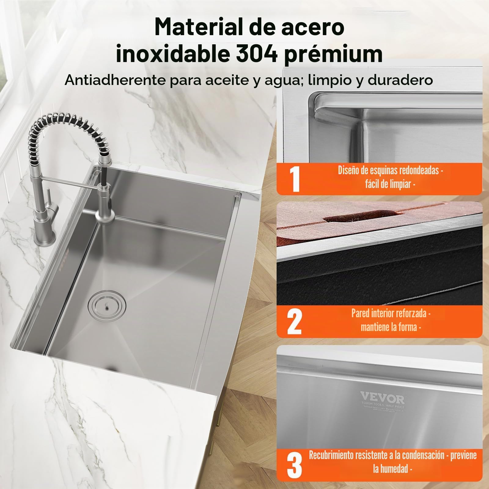 VEVOR Fregadero de Cocina Fregadero de Acero Inoxidable 304 Bajo Encimera de un Solo Seno con Tabla de Cortar Filtro Escurridor Drenaje Rápido para Preparación de Cocina Casera, 84 x 56 x 23 cm