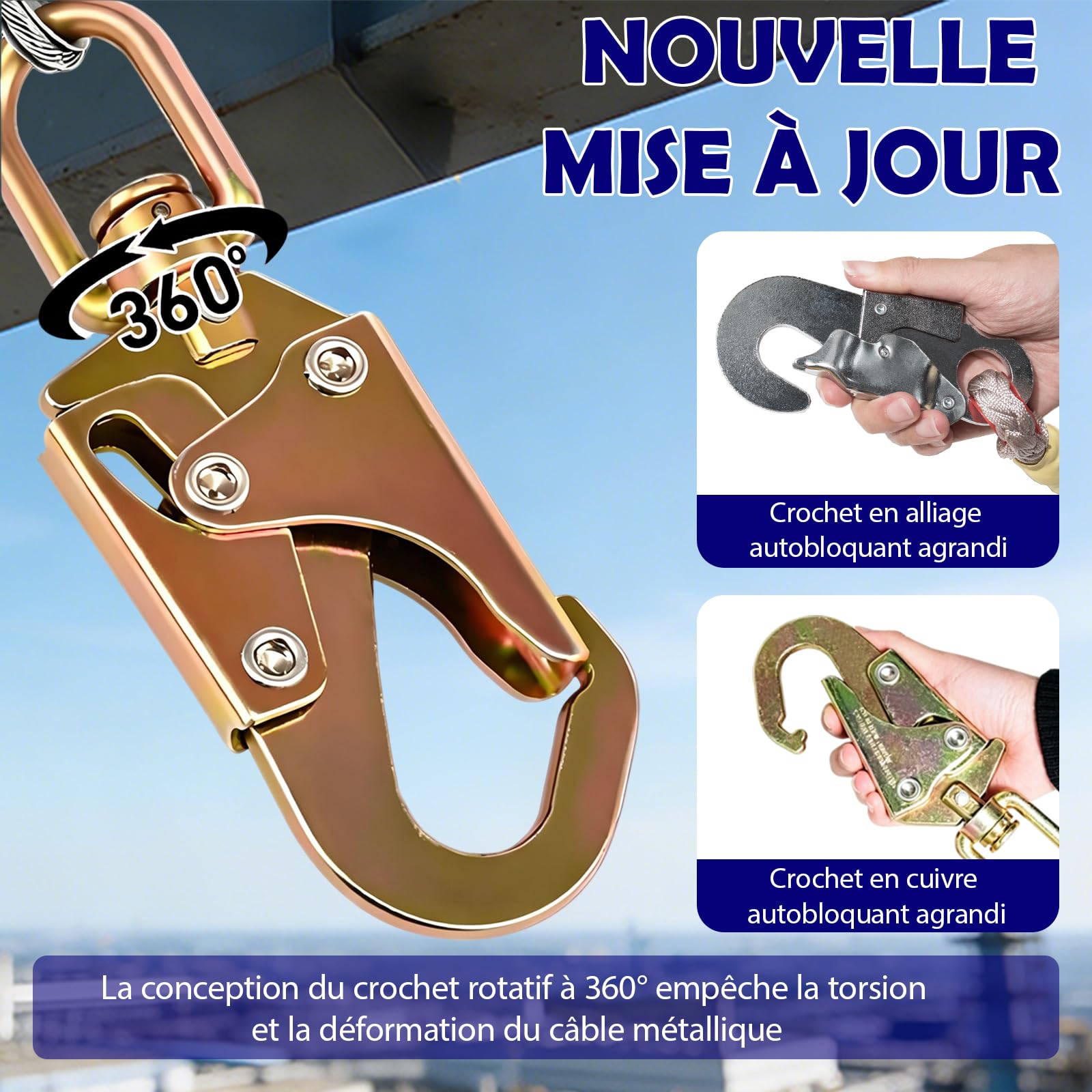 Dispositif Antichute à Rappel Automatique 10m 150kg (Jaune) | Harnais de Sécurité Anti Chute avec Crochet 360° , Dispositif Stop Chute Rétractable pour Travaux en Hauteur sur Toiture