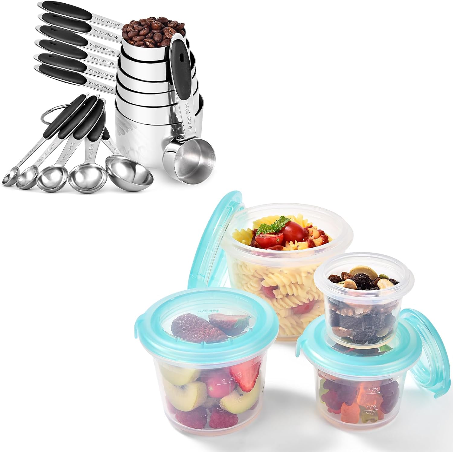 U-Taste 18/8 Stainless Steel Measuring Cups and Spoons Set of 12 (Black) and 2oz/4oz/8oz/16oz Silicone Food Storage Containers Set Meal Prep Box Set of 4 (Aqua Sky)