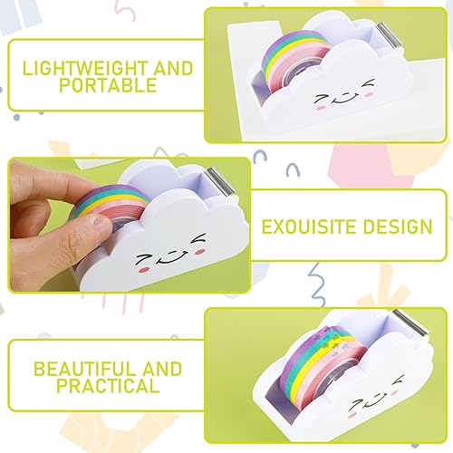 Miniatura 6 de Dispensador de cinta de escritorio, lindo dispensador de cinta de nube con soporte dispensador de cinta blanca arcoíris para el hogar, escuela,