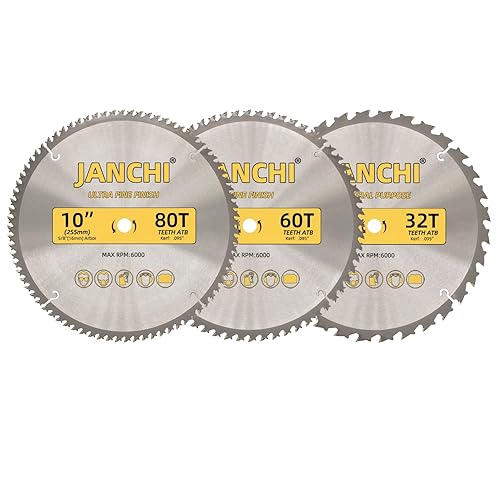 Paquete de 3 hojas de sierra para carpintería de 10 pulgadas 32T, 60T y 80T con eje de 58 pulgadas, corte fino de 0.095 pulgadas, bisel superior de