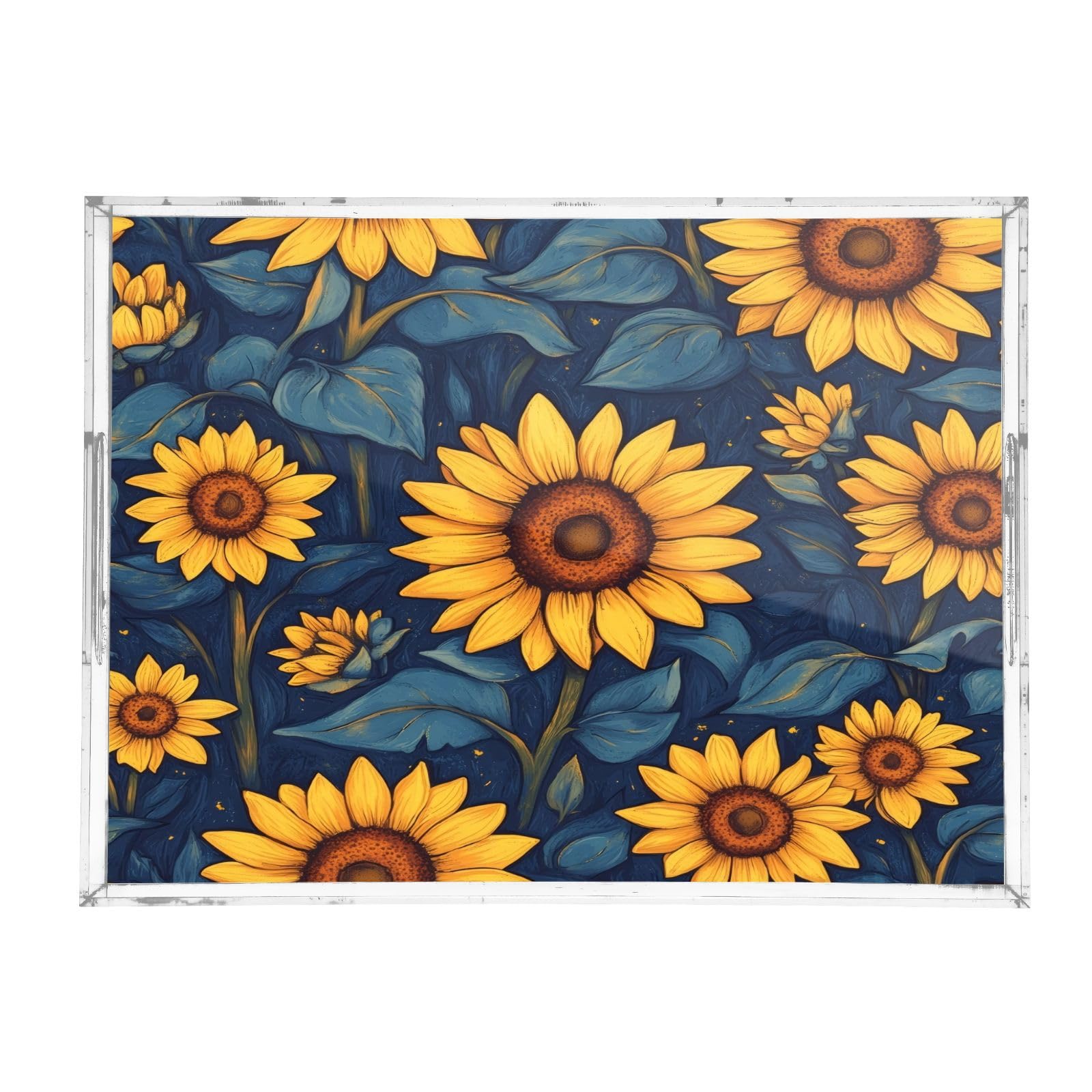 Msyxl Sunflowers Pattern Serving Tray for Coffee Table, Decorative Acrylic Tray Sunflowers Pattern Tray with with Handles for Breakfast, Ottoman, Countertop, 12x16 in