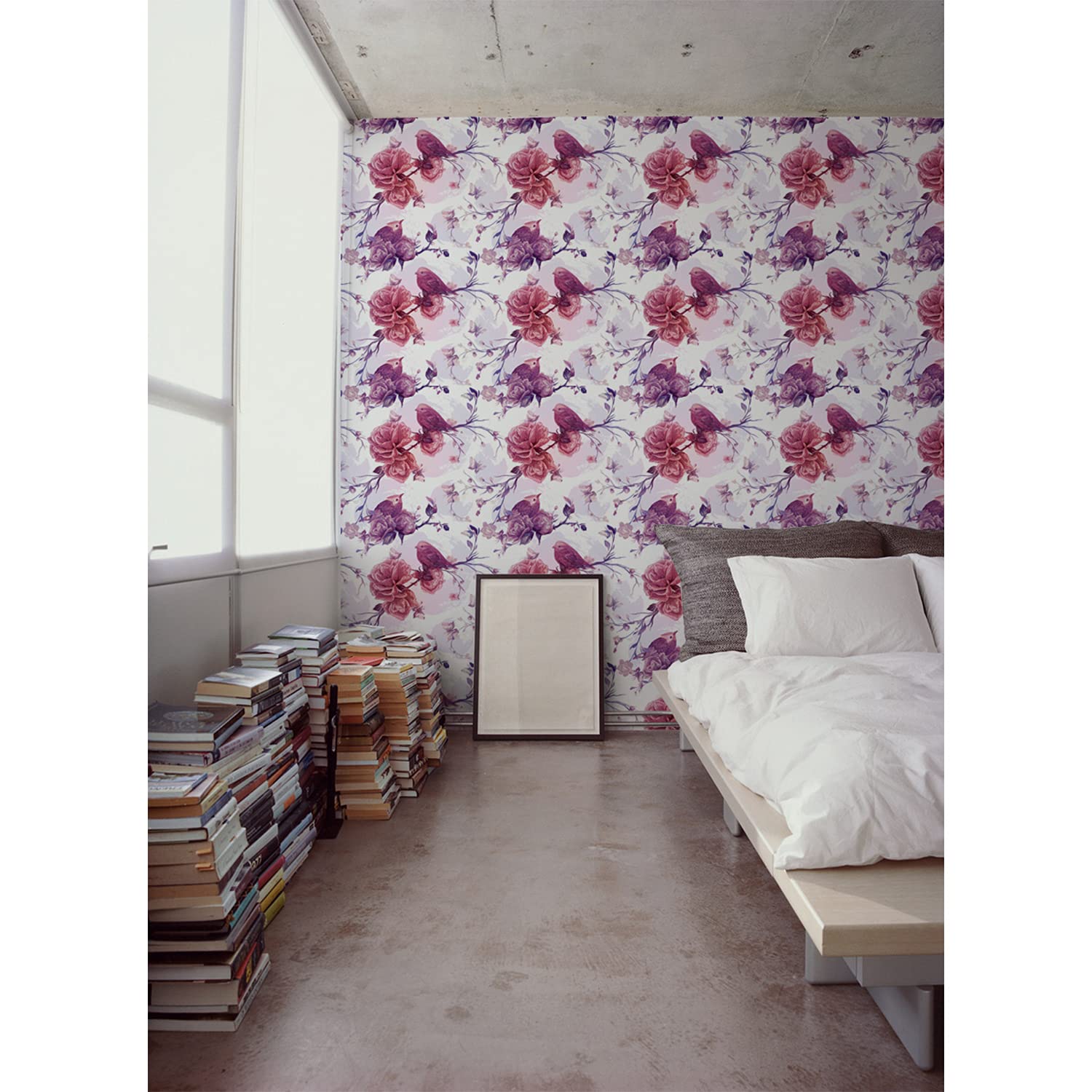 Fotomurale rama de aves violetas con textura de entretela mate de 250x104 cm