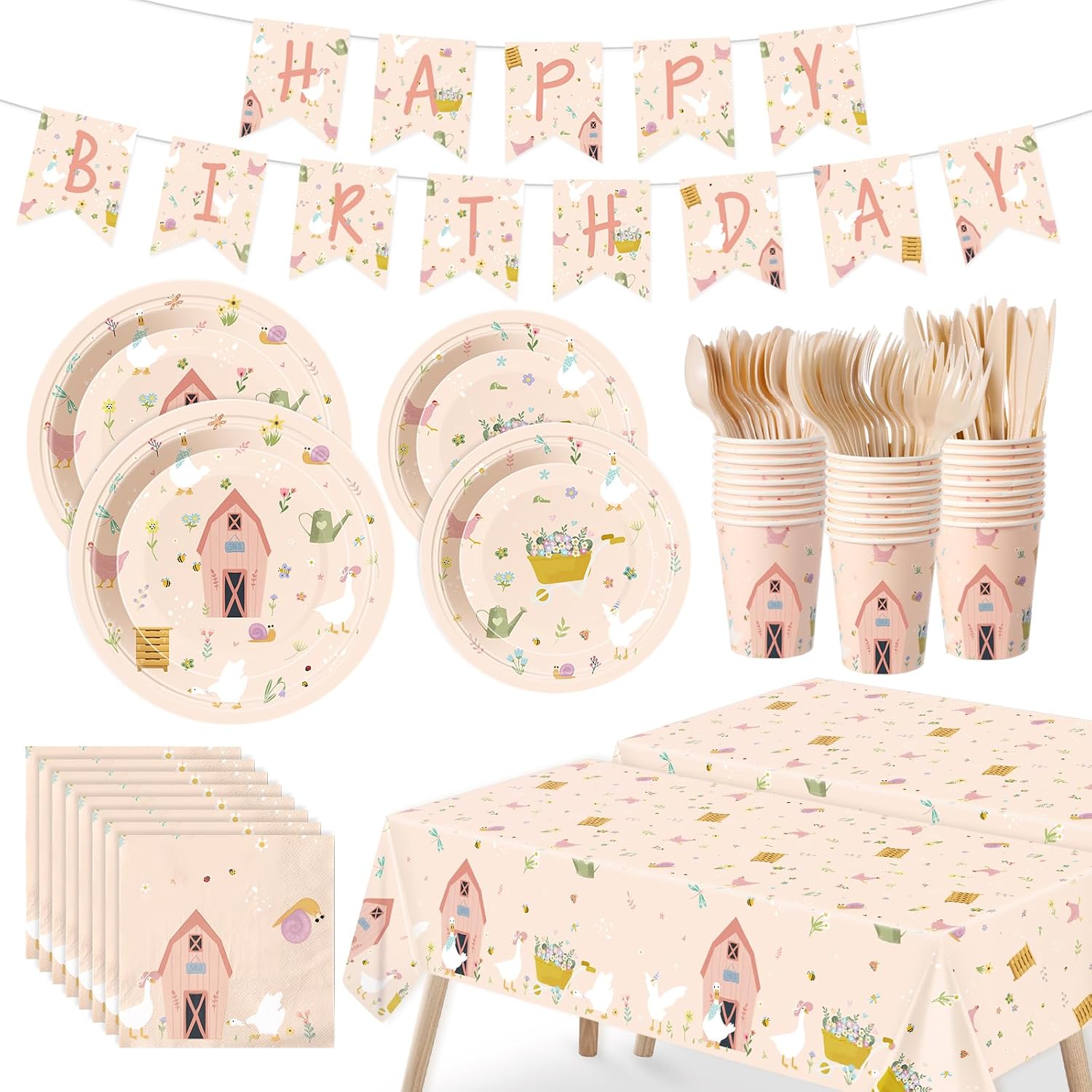 FoldTier 24 Set Silly Goose Birthday Party Tableware Decorations - Funny Farm Shed Banner, Tablecloths, Paper Plates, Napkins, Cups, Cutlery, 171 Pcs One Two Silly Goose Party Supplies for 24 Guests