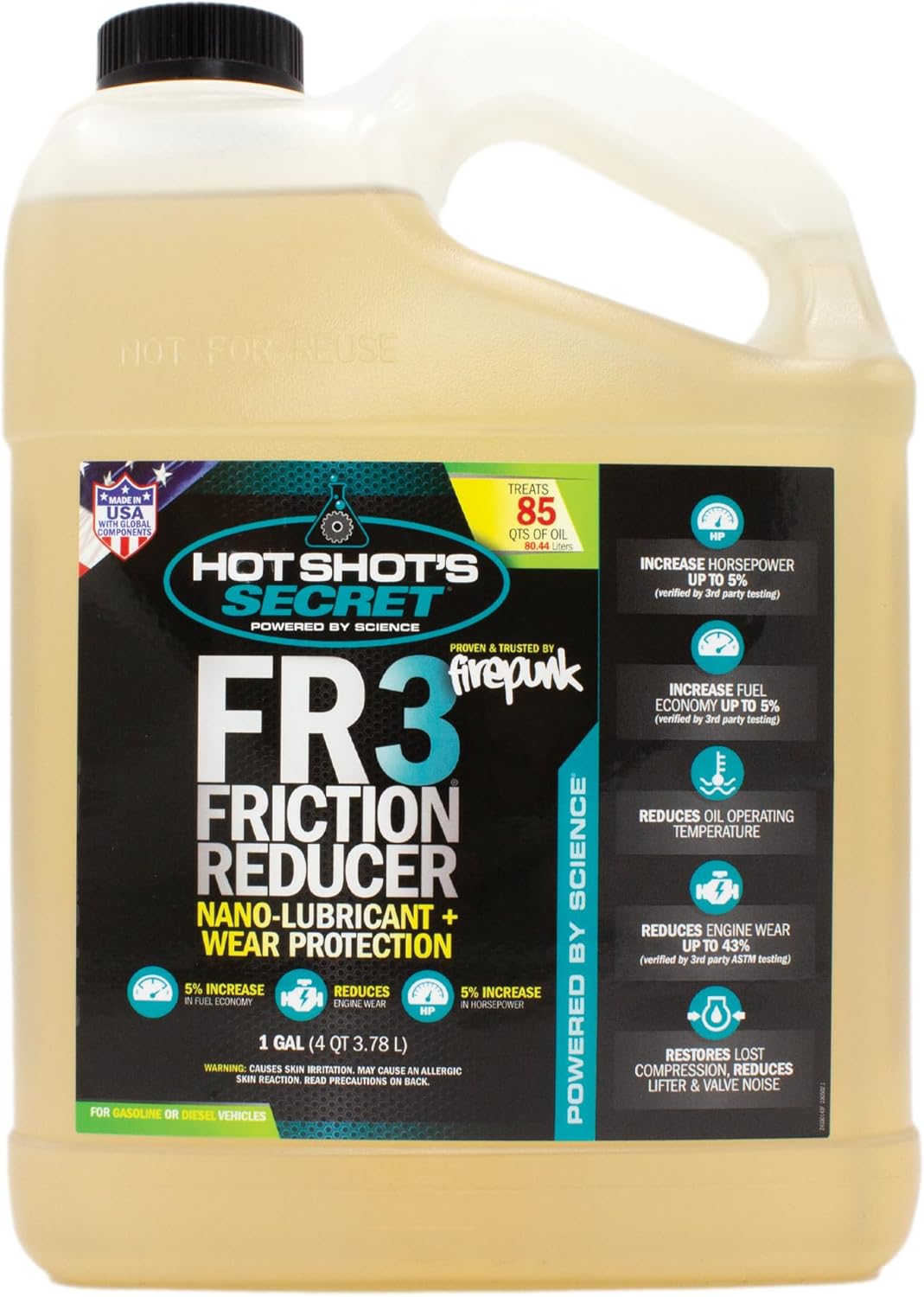 Hot Shot’s Secret Friction Reducer FR3 1 Gallon – Treats 85 Quarts of Oil – Synthetic Oil Additive, Reduces Friction, Protects Engine, Improves Performance and Fuel Economy for Gas & Diesel Engines