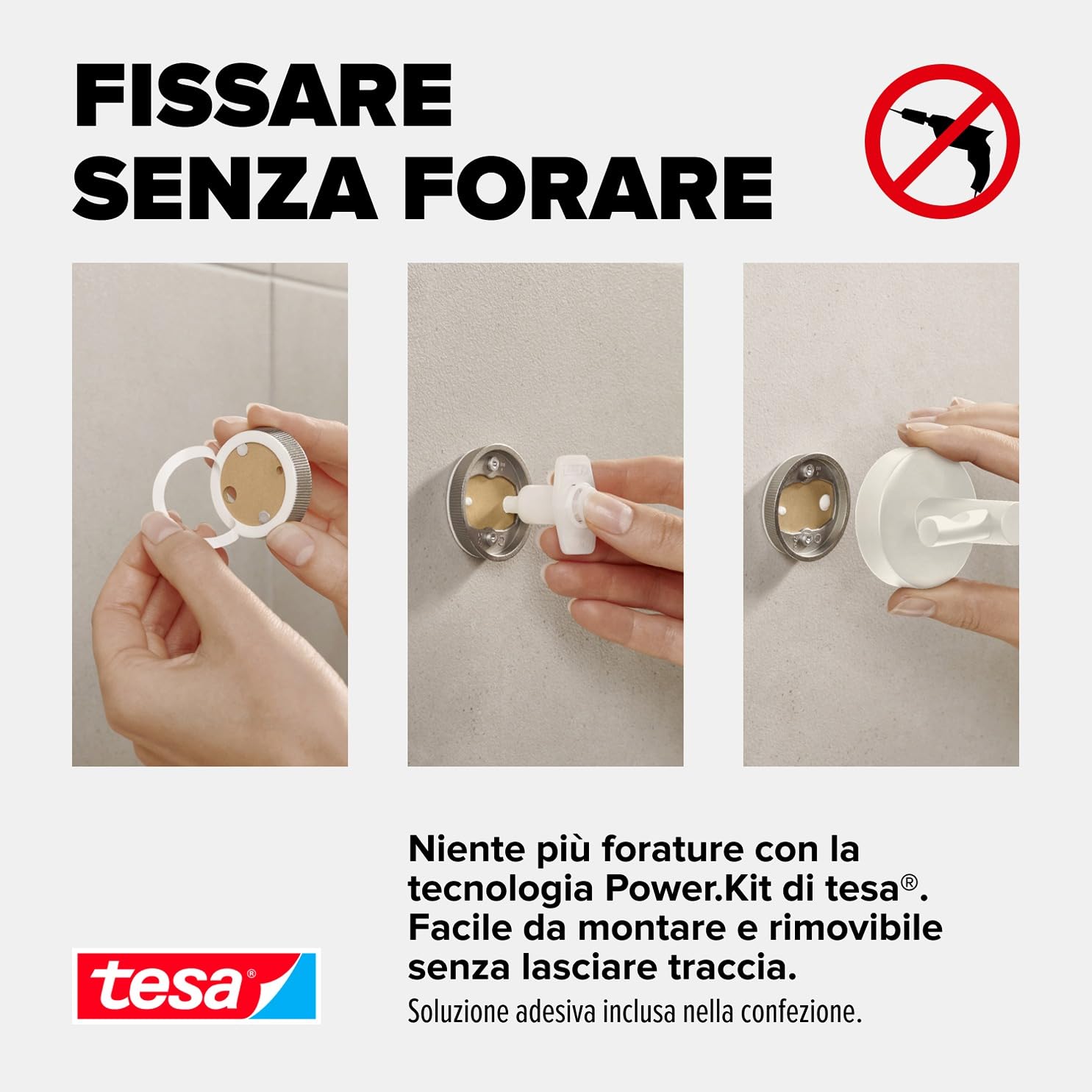 tesa® MOON WHITE Portasciugamani a 2 Bracci per bagno e WC in stile industriale e bagni moderni - Senza foratura, soluzione adesiva inclusa - 84 mm x 50 mm x 456 mm - Bianco opaco