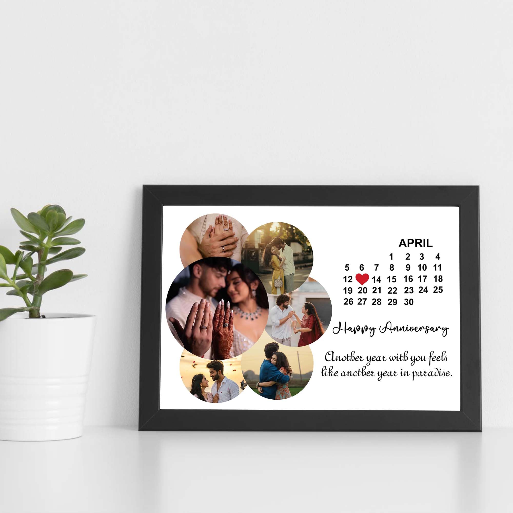 ASHVAH Calendario de mes personalizado con texto en inglés «Happy Anniversary» para collage, marco de fotos con cita, regalo para parejas, día de San Valentín, marido y esposa, tamaño A3